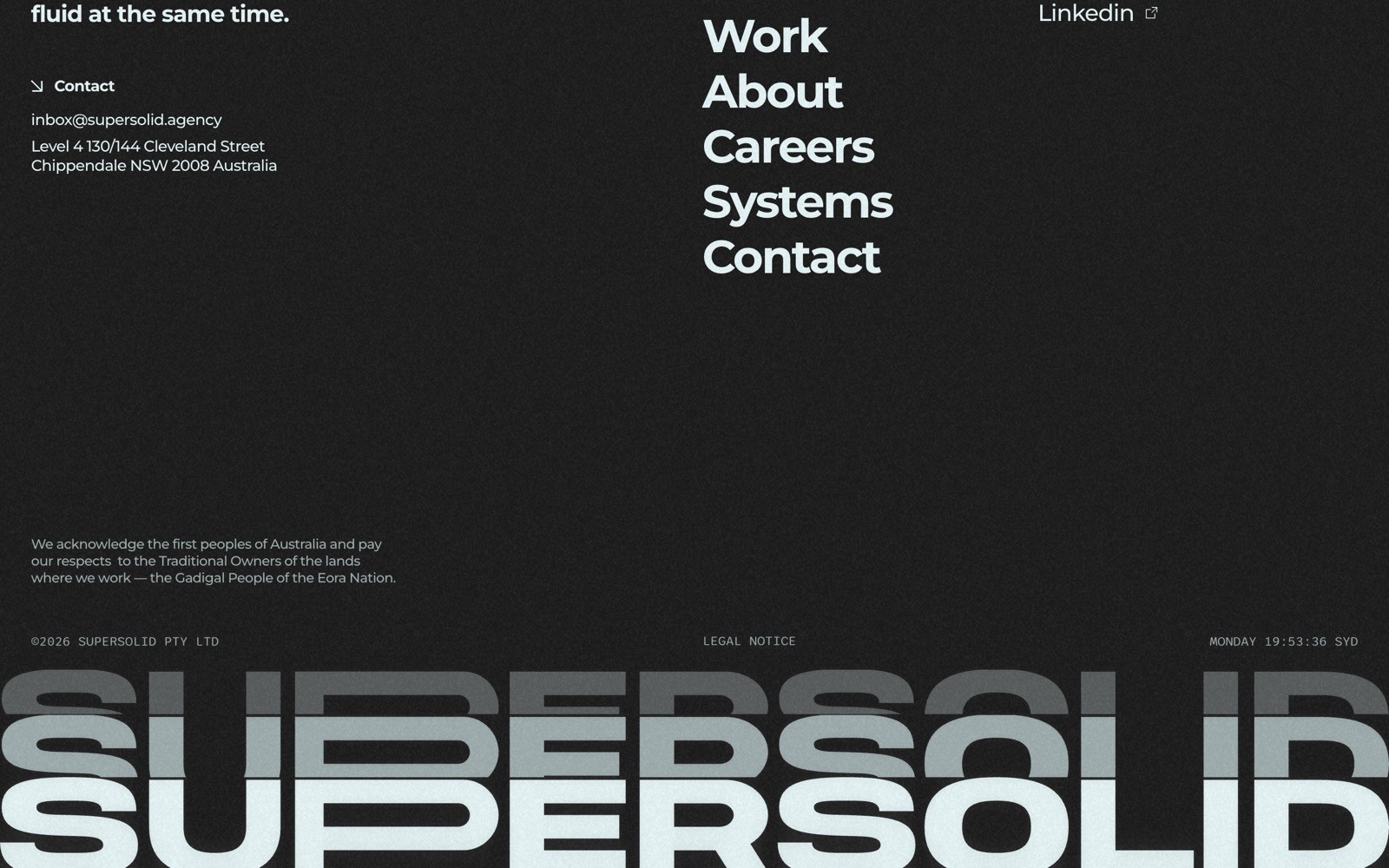 Dark footer with white text links: Work, About, Careers, Systems, Contact, and Linkedin. Large faded "SUPERSOLID" at the bottom.