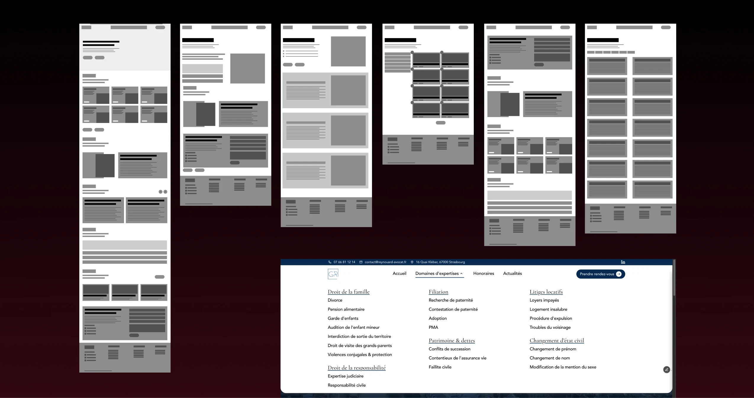 Wireframes des pages du site et aperçu du menu déroulant listant les domaines d’expertise juridique