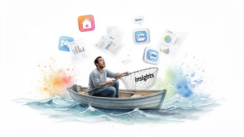 Man in a boat uses a net labeled 'insights' to catch floating data and app icons.