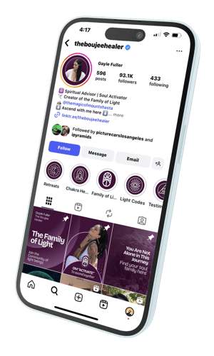 Instagram profile of theboujeehealer featuring spiritual advisor bio, highlights, and posts.