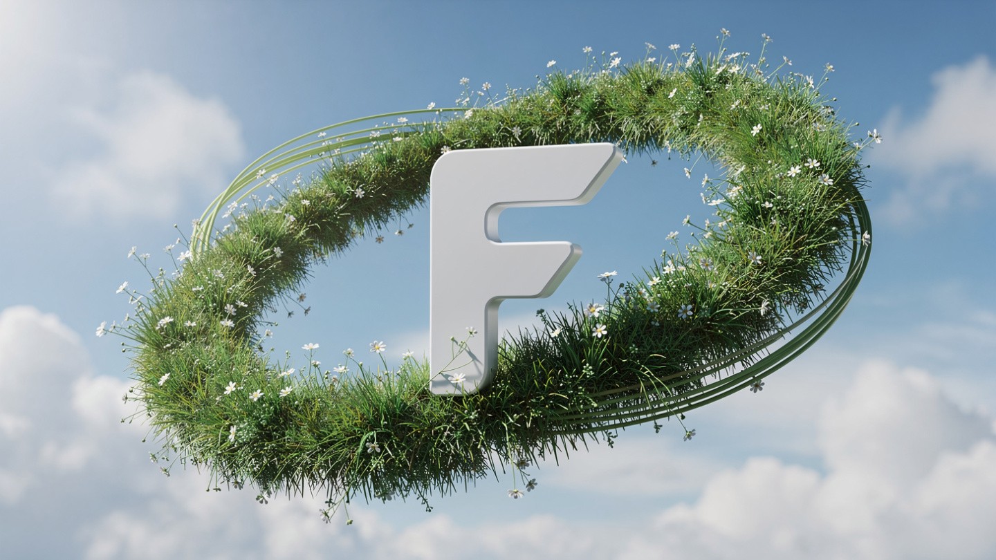 A large white letter "F" floats in a blue sky, encircled by a grassy ring adorned with small white flowers. The scene conveys a sense of freshness and nature.