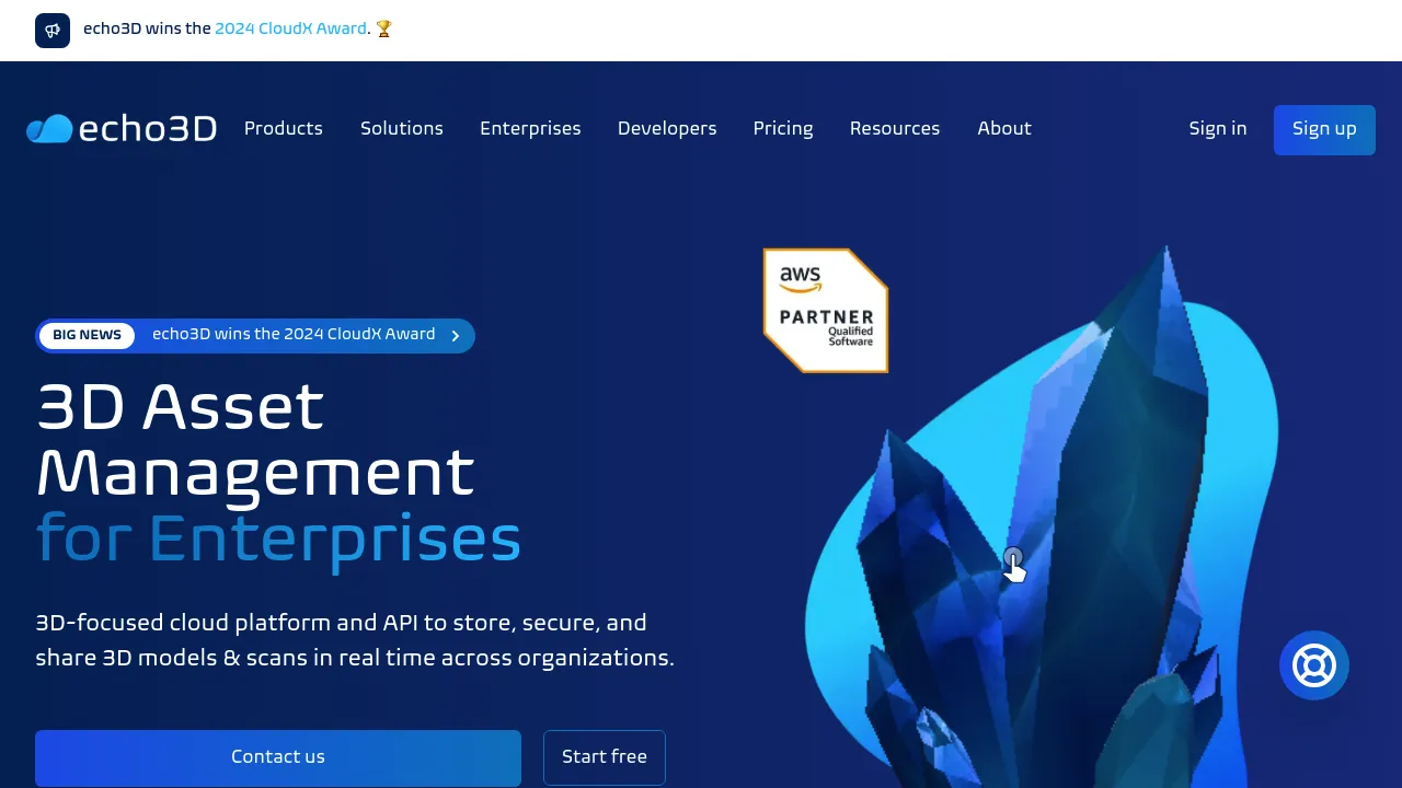 Screenshot of the echo3D website displaying cloud platform services for 3D asset management