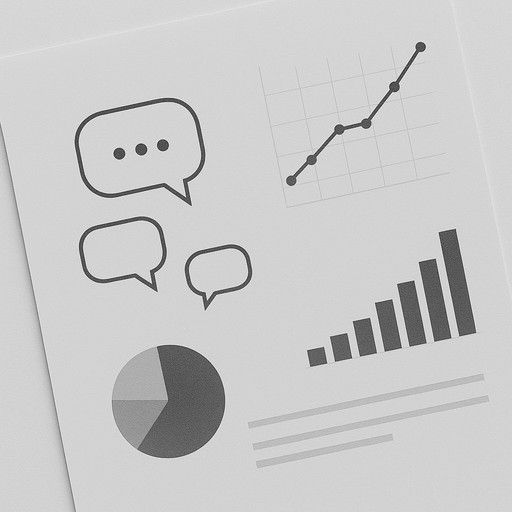 会話アイコンと円グラフ・棒グラフが描かれた資料。定性データを可視化し意思決定に活用するイメージ