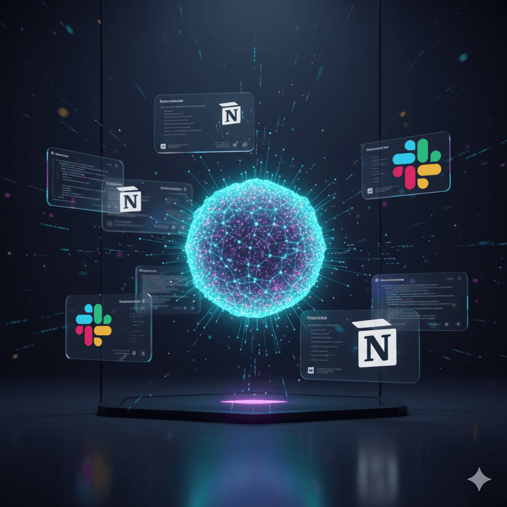 Central AI engine automating Slack and Notion data entry and summarization.