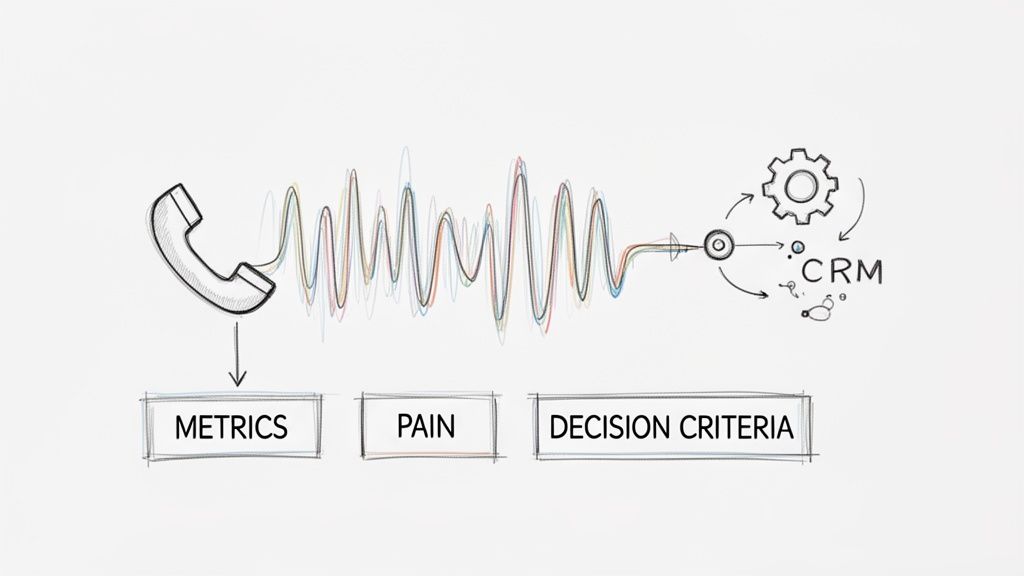 Diagram showing a phone call processing into a CRM, identifying metrics, pain, and decision criteria.