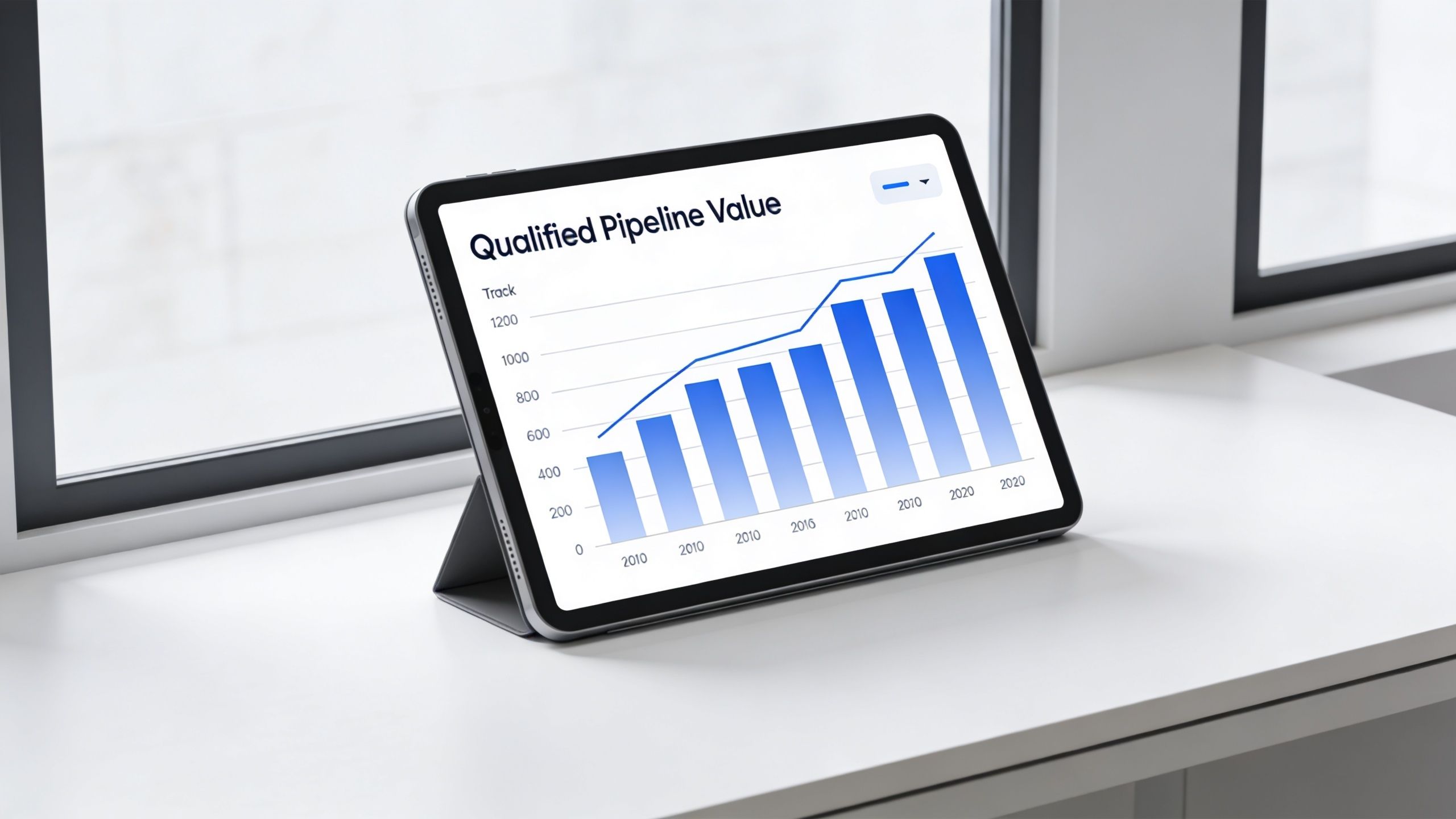 A modern tablet displaying a bar chart titled Qualified Pipeline Value resting on a white desk.