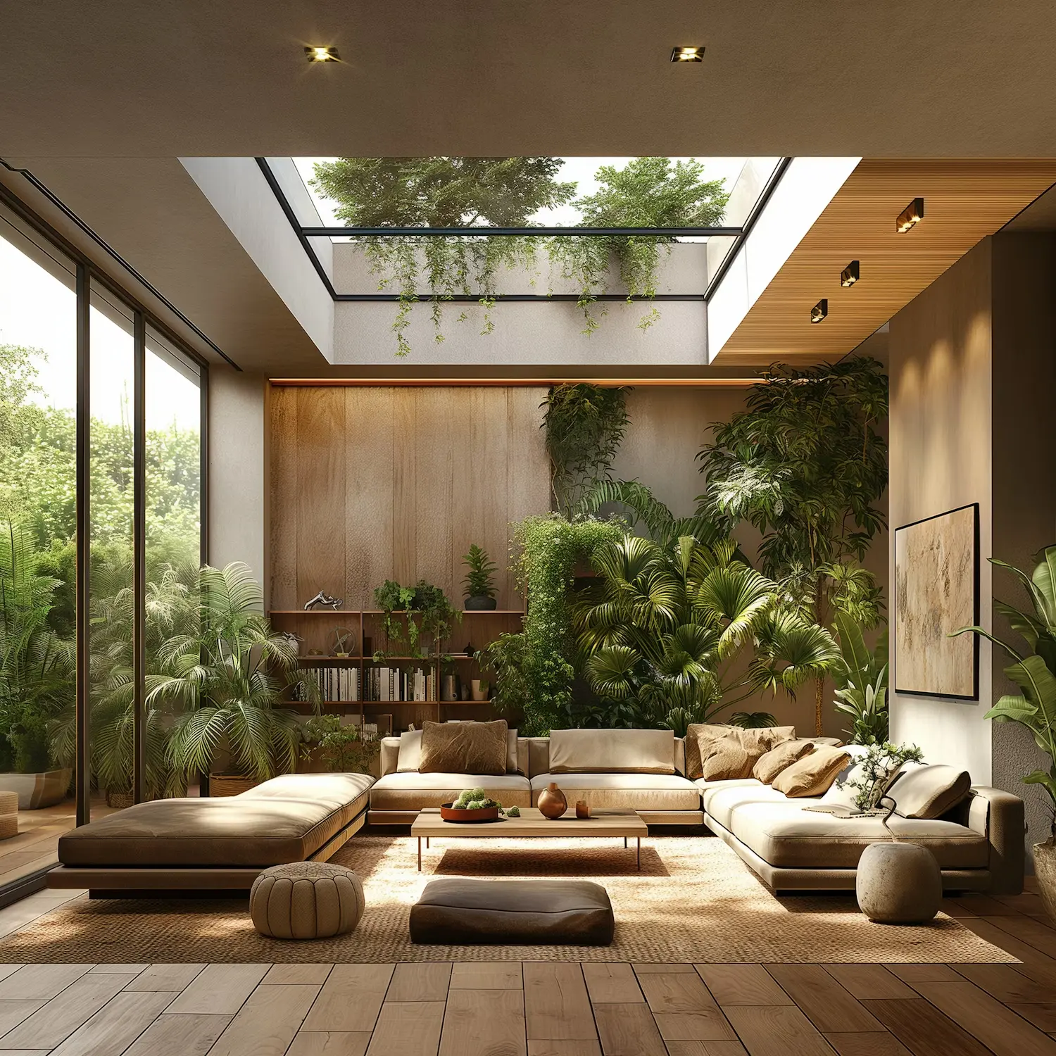 Curved cream sofa with plant, round pastel table.