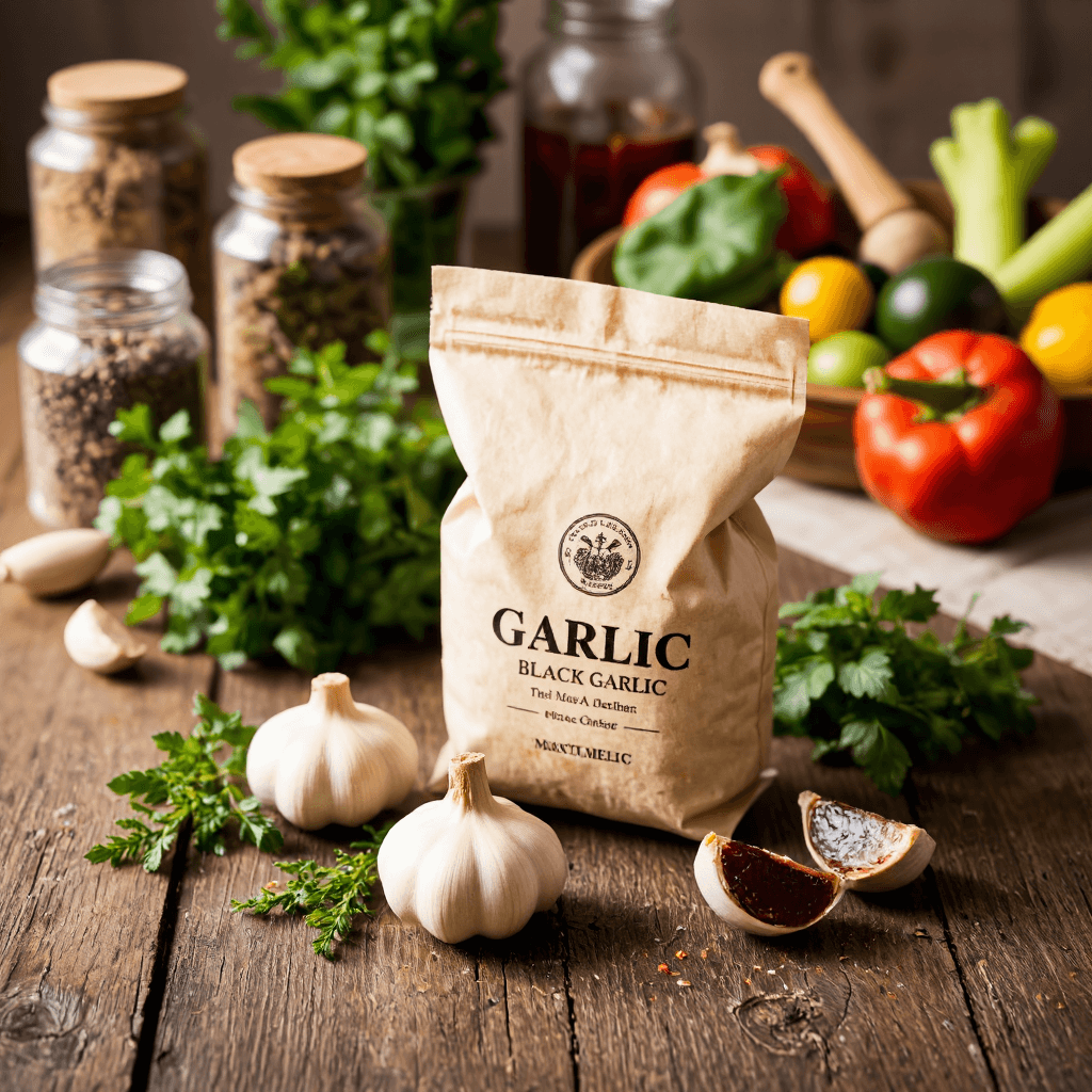 product photography of bag of garlic and two pieces of black garlic