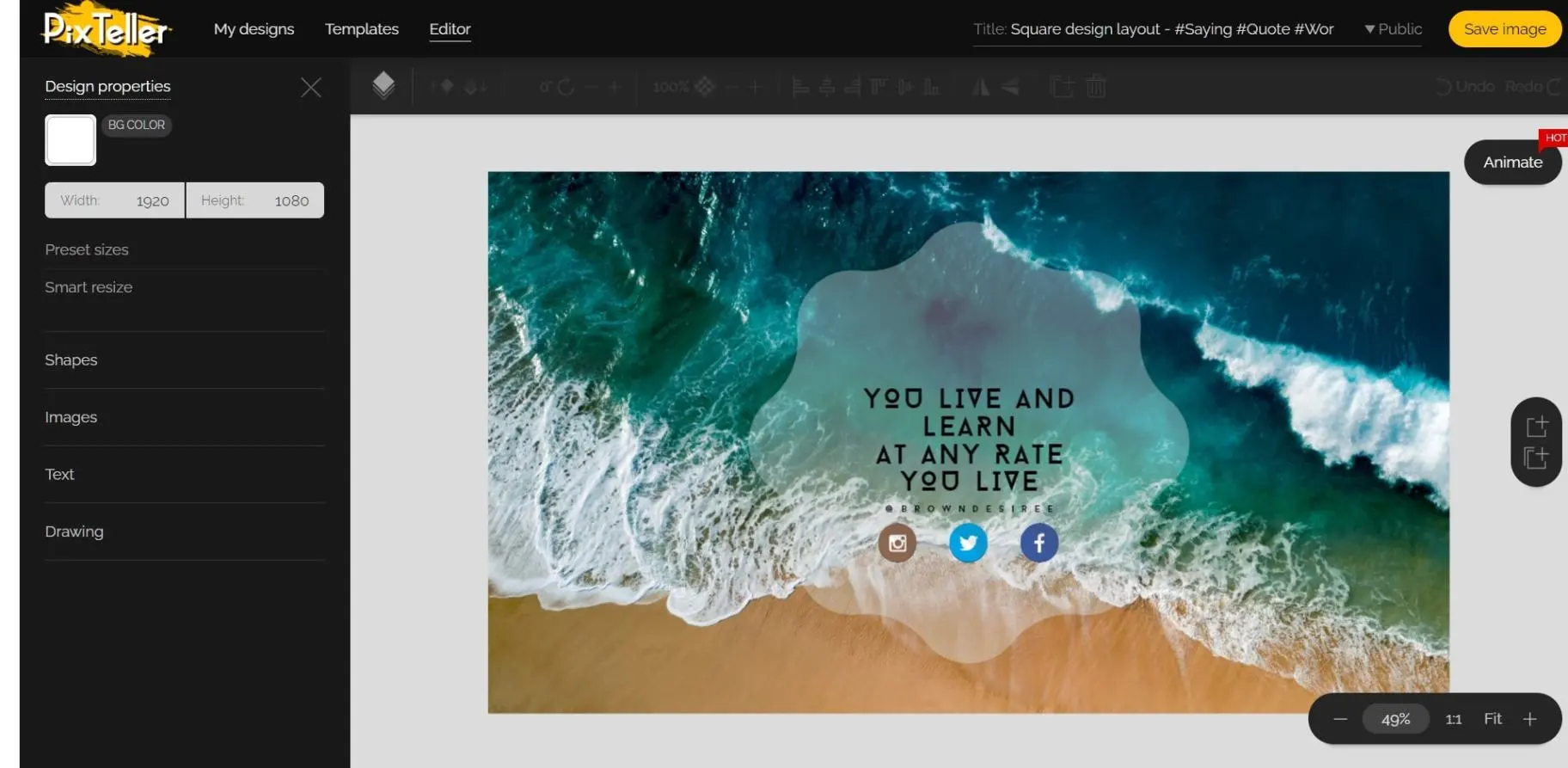 Screenshot of PixTeller's homepage, showcasing its design tools for creating custom graphics, animations, and videos with various templates, editing features, and easy-to-use interface.