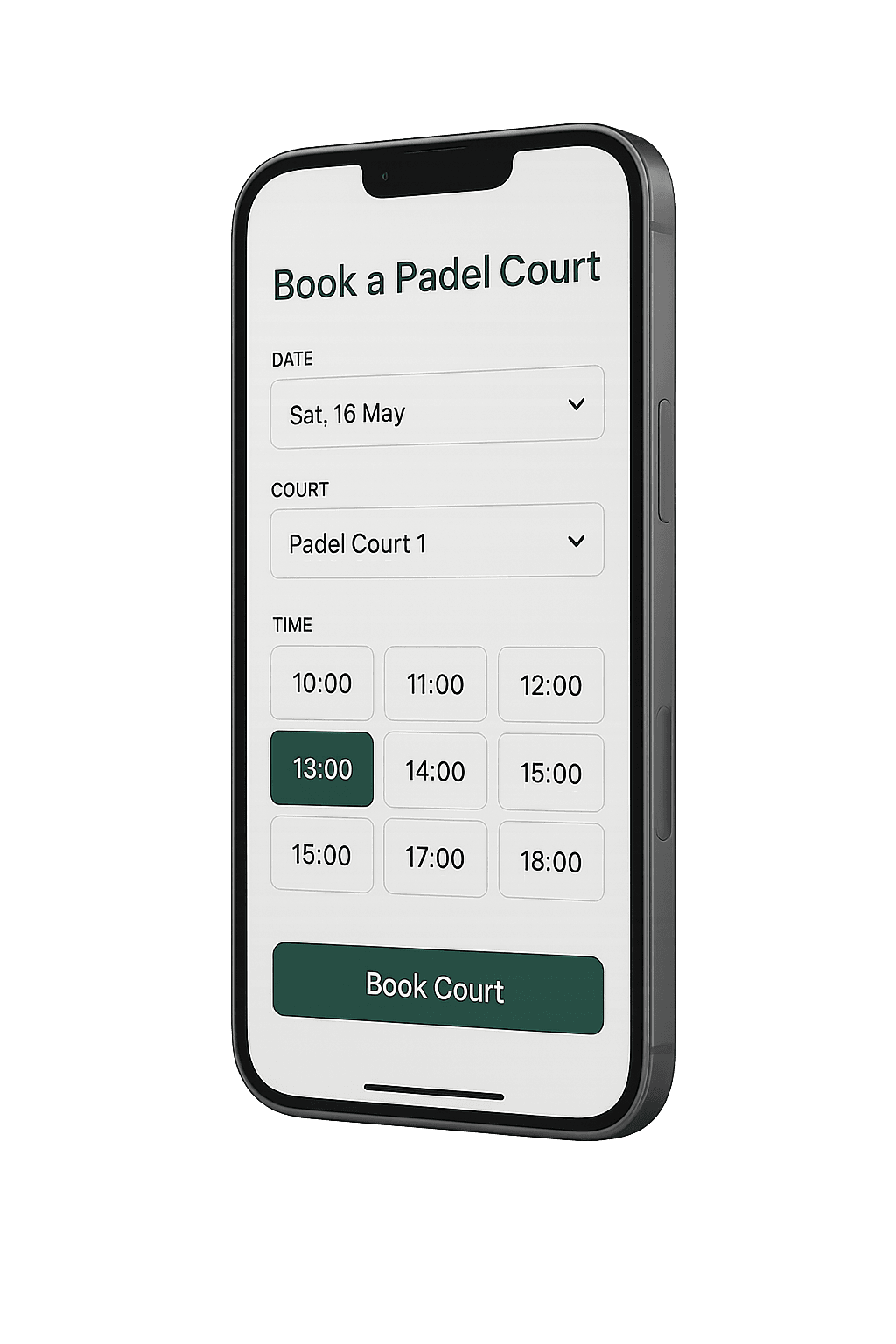 This image shows a smartphone displaying a padel court booking app with options to select the date, court, and available time slots on a sleek black and white interface.
