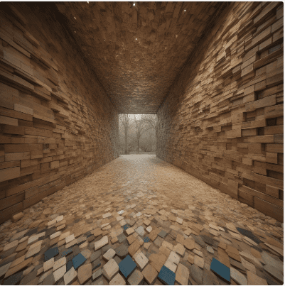 Artistic architectural design of a tunnel-like structure with wooden blocks protruding asymmetrically from the walls and floor, leading to an open exit with a view of a misty forest