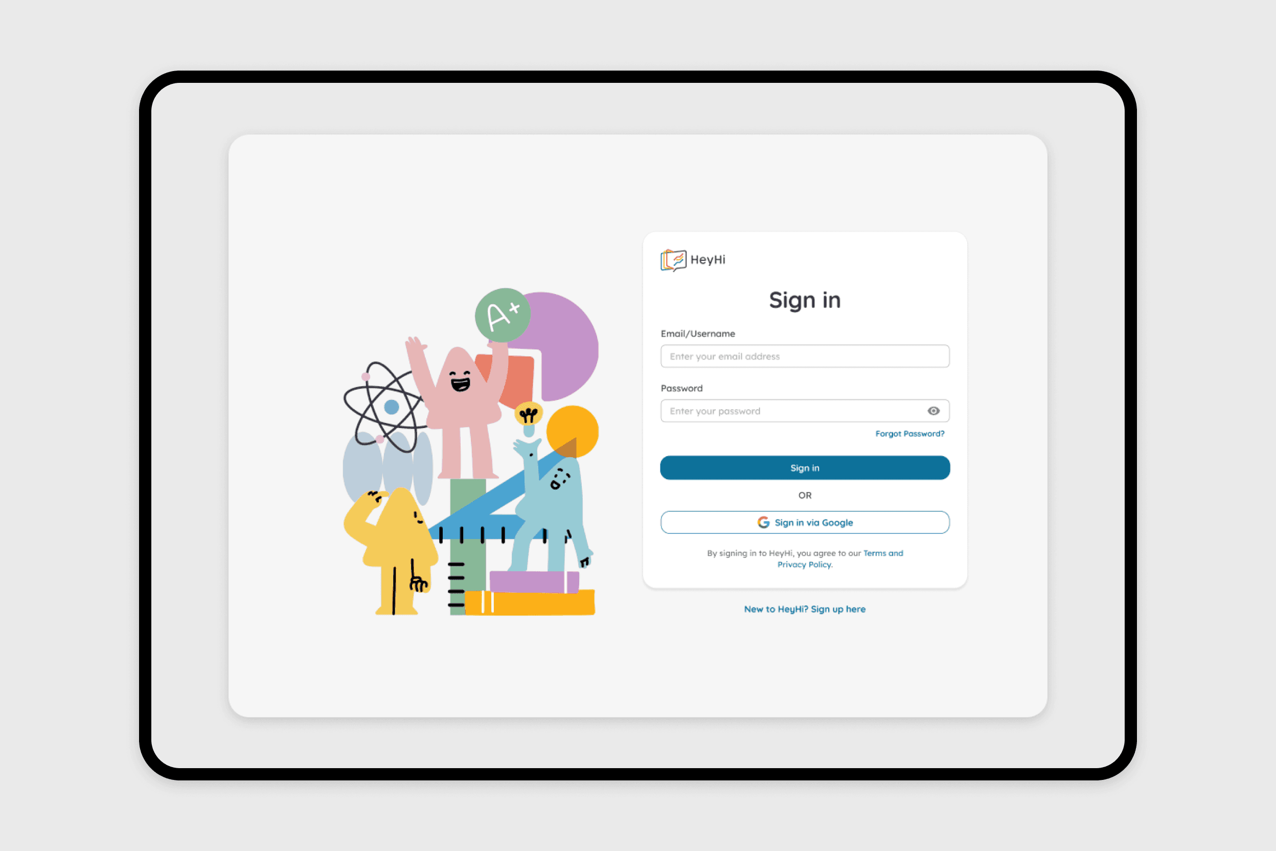 A tablet screen displaying HeyHi's sign in page