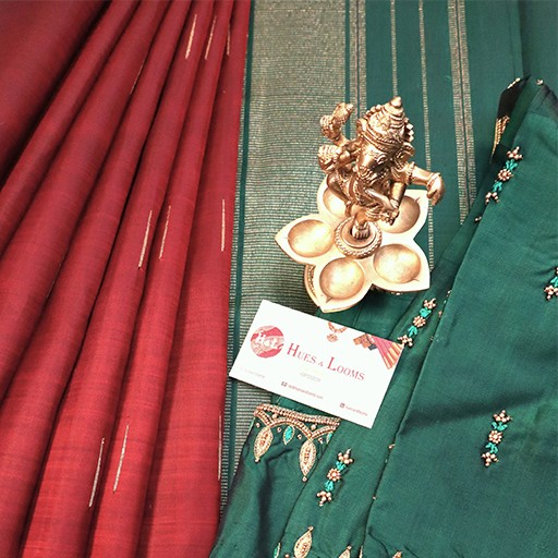 Brick Red and Green Kanchivaram Silk Saree