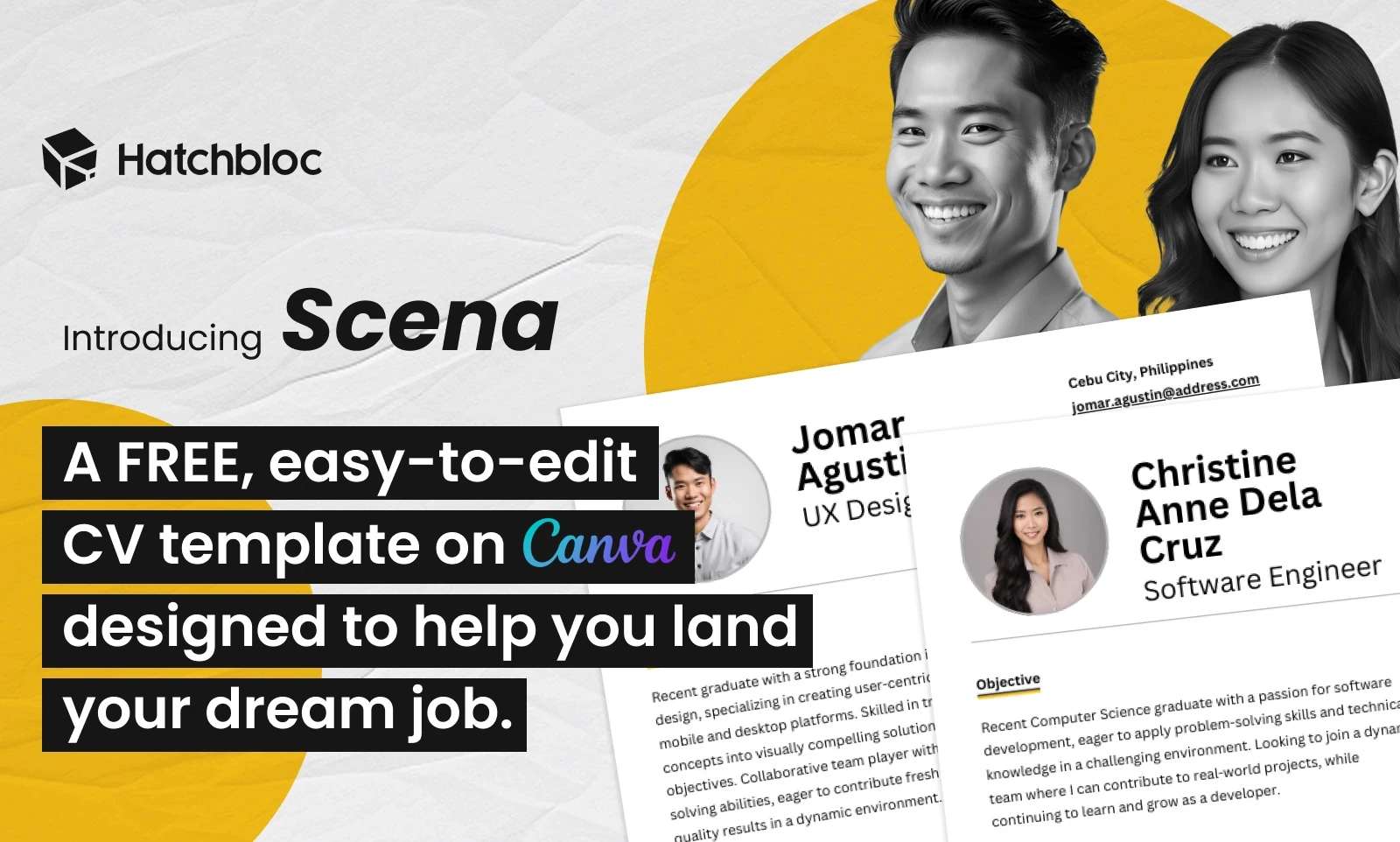Introducing Scena. A FREE, easy-to-edit CV template on Canva designed to help you land your dream job. 
