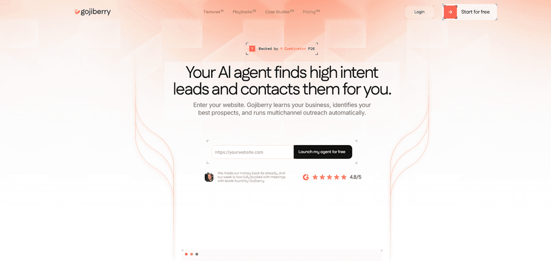 Gojiberry landing page, where a website address is all the agent needs to start