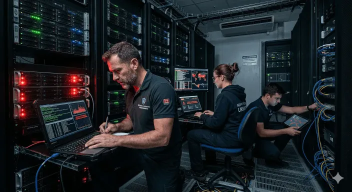 Peritos informáticos forenses del seguro Cyber trabajando de urgencia para recuperar los datos cifrados de la empresa.
