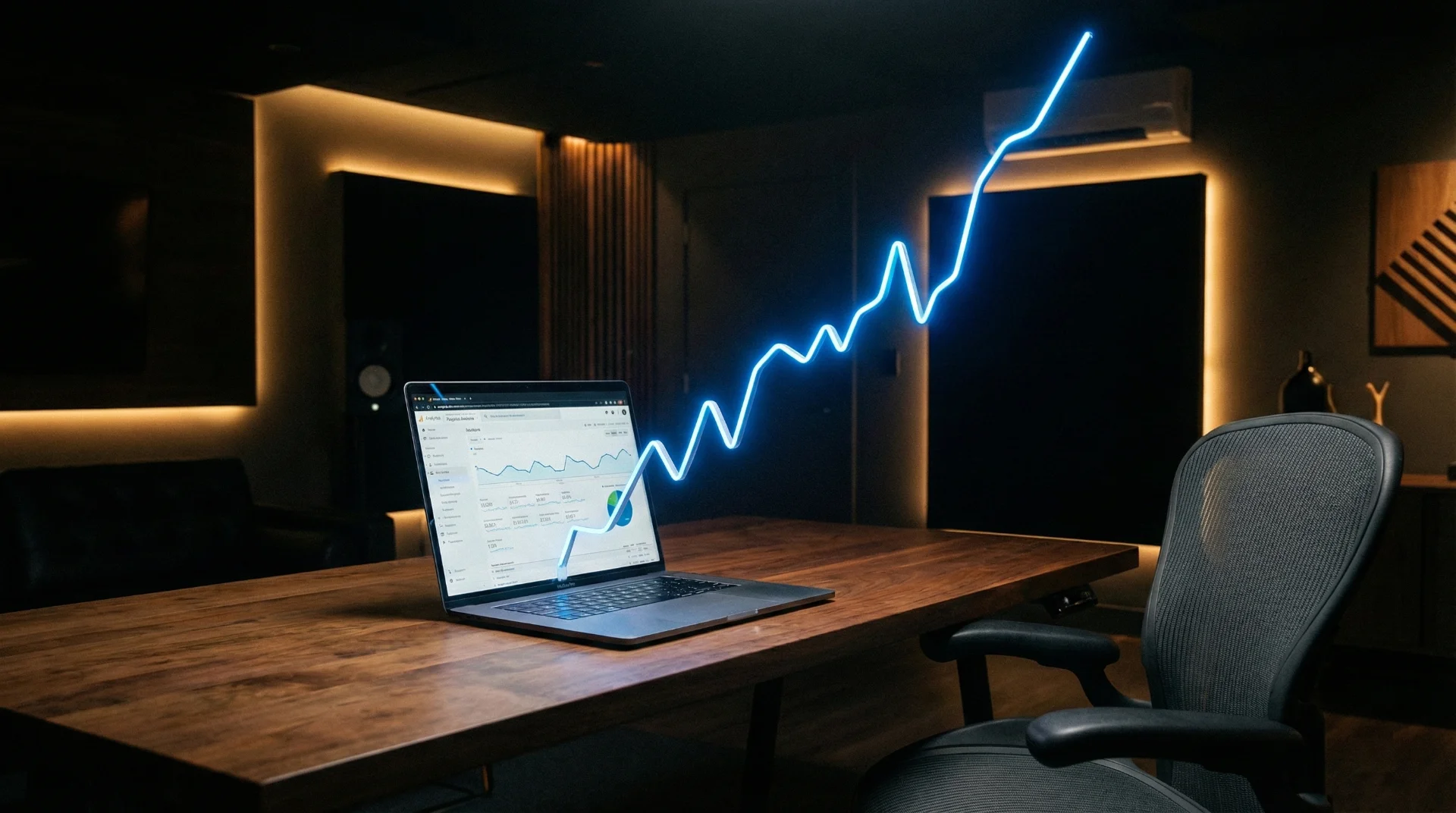 MacBook Pro affichant une courbe de croissance Google Analytics exponentielle qui sort de l'écran, illustrant la performance et le ROI d'un actif numérique.