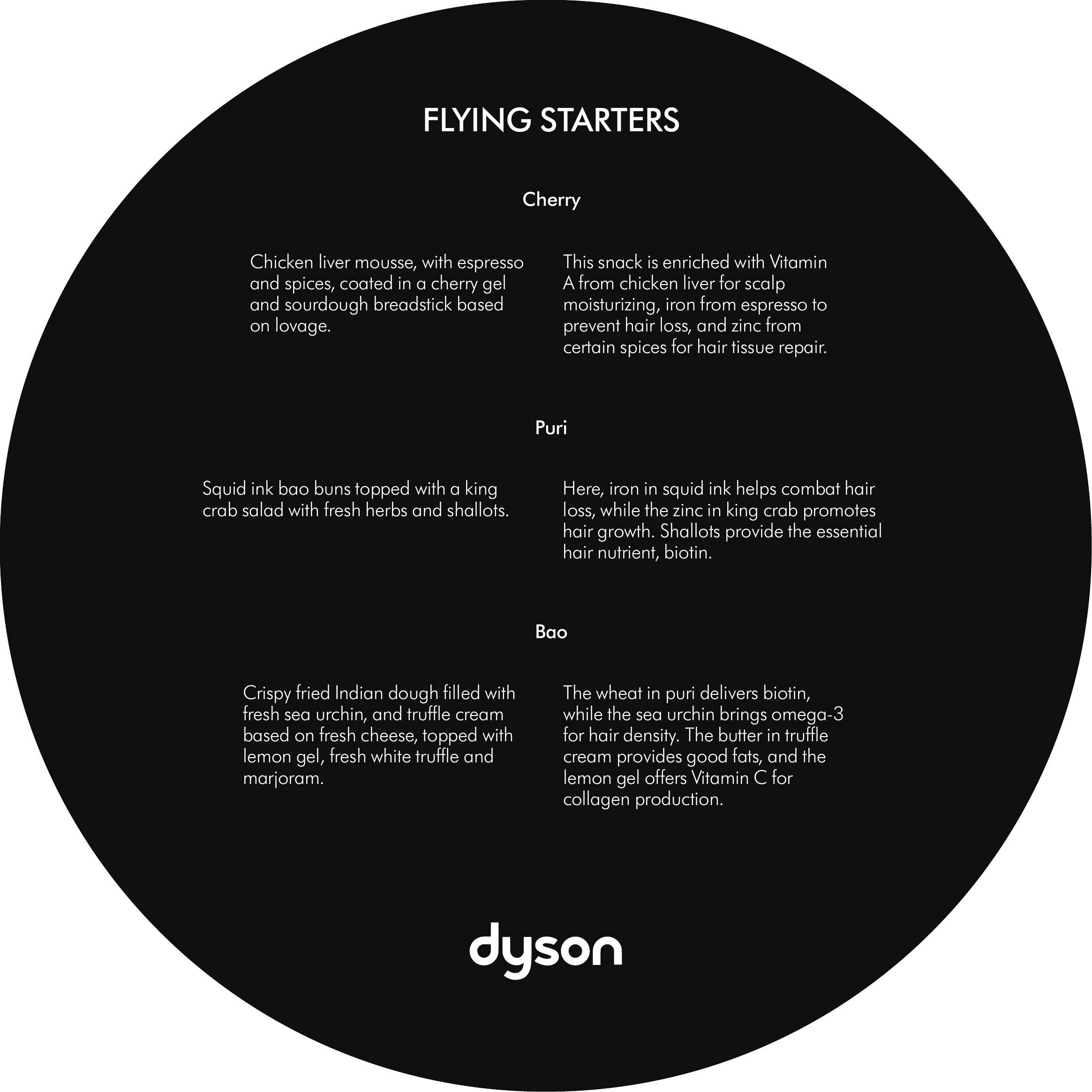Circular black Dyson starters menu with white typography