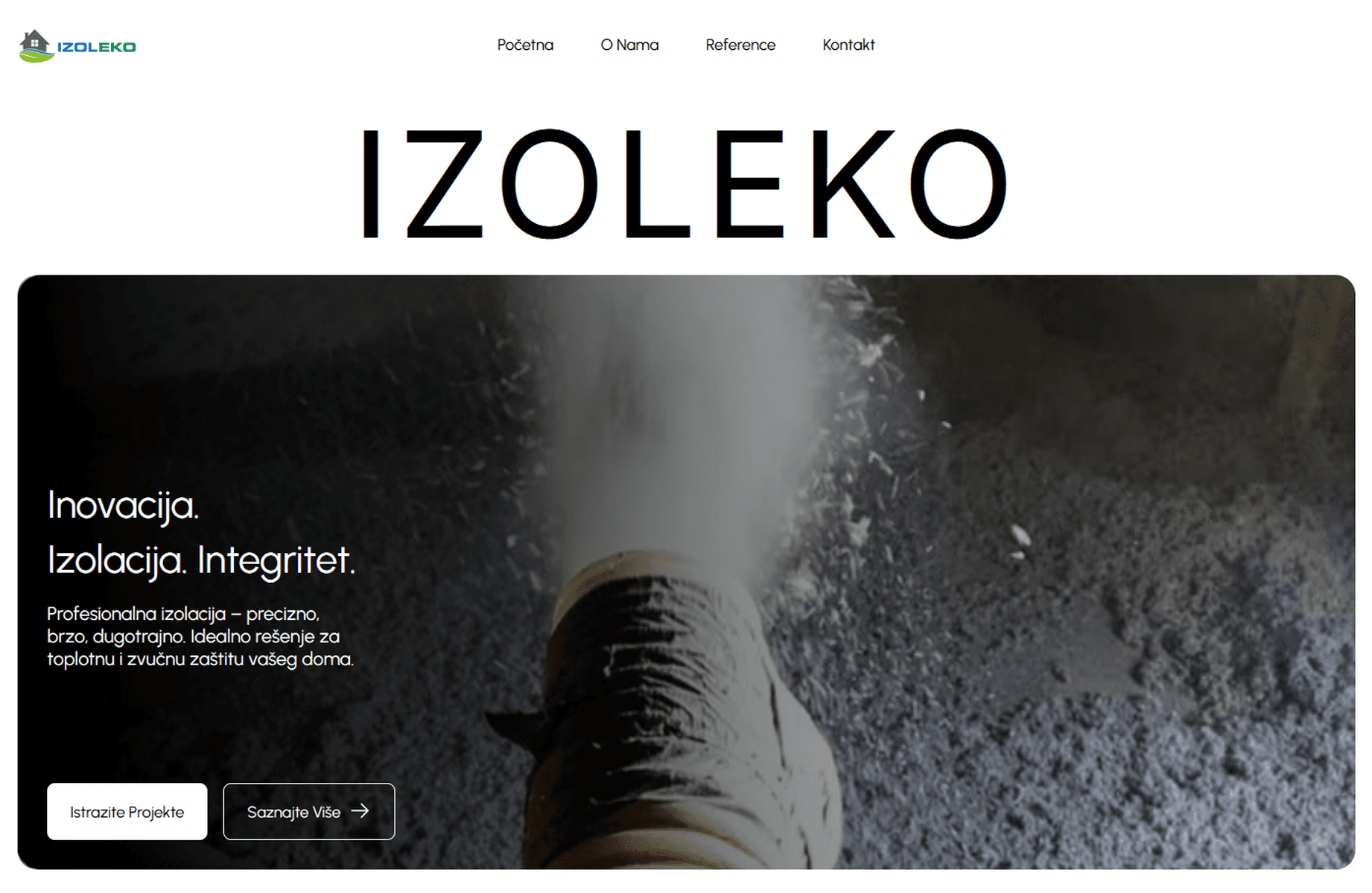 IZOLEKO website with text "Inovacija, Integritet" and an image of insulation being applied.