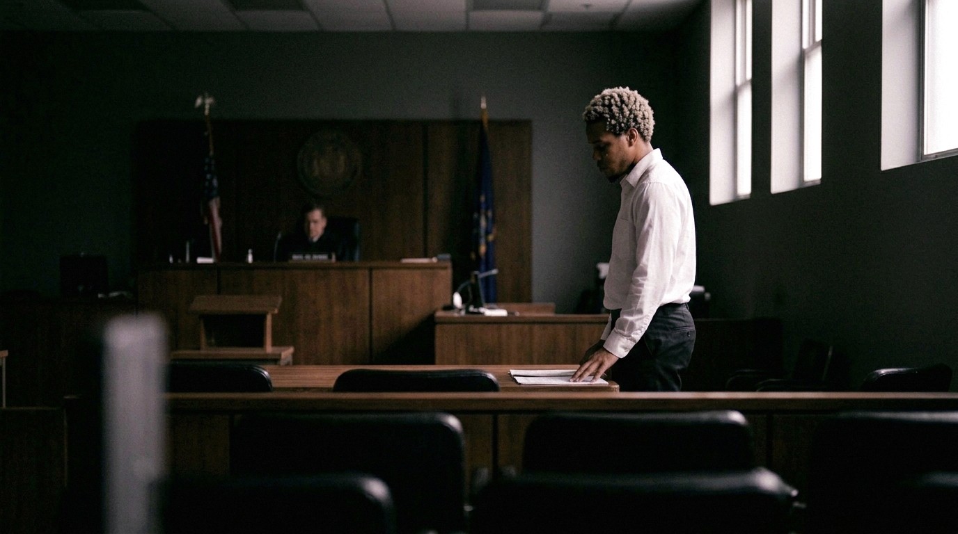A solemn courtroom scene featuring an individual standing alone by a wooden table, with rows of empty seats, subdued lighting, and a judge visible in the background; a flag and insignia add to the official atmosphere.