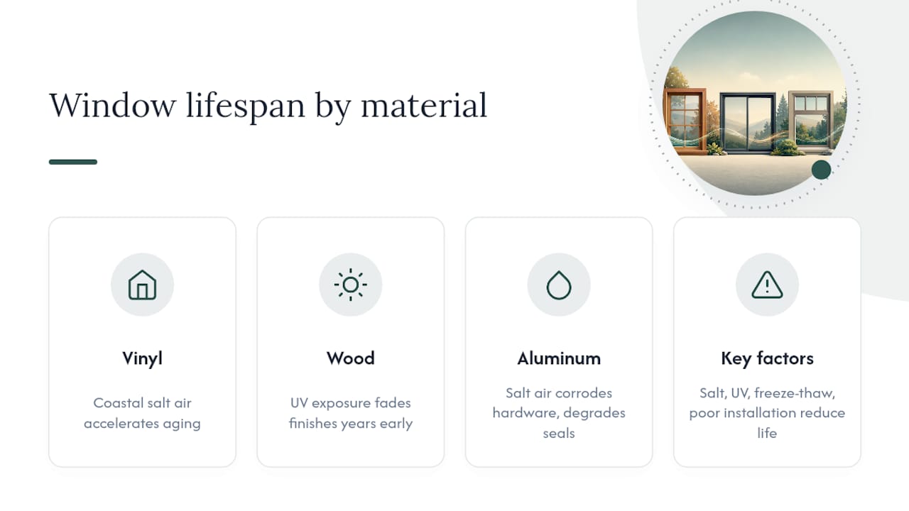 Comparison chart of window material lifespans and climate effects