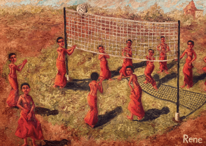 herd of sheep on road painting