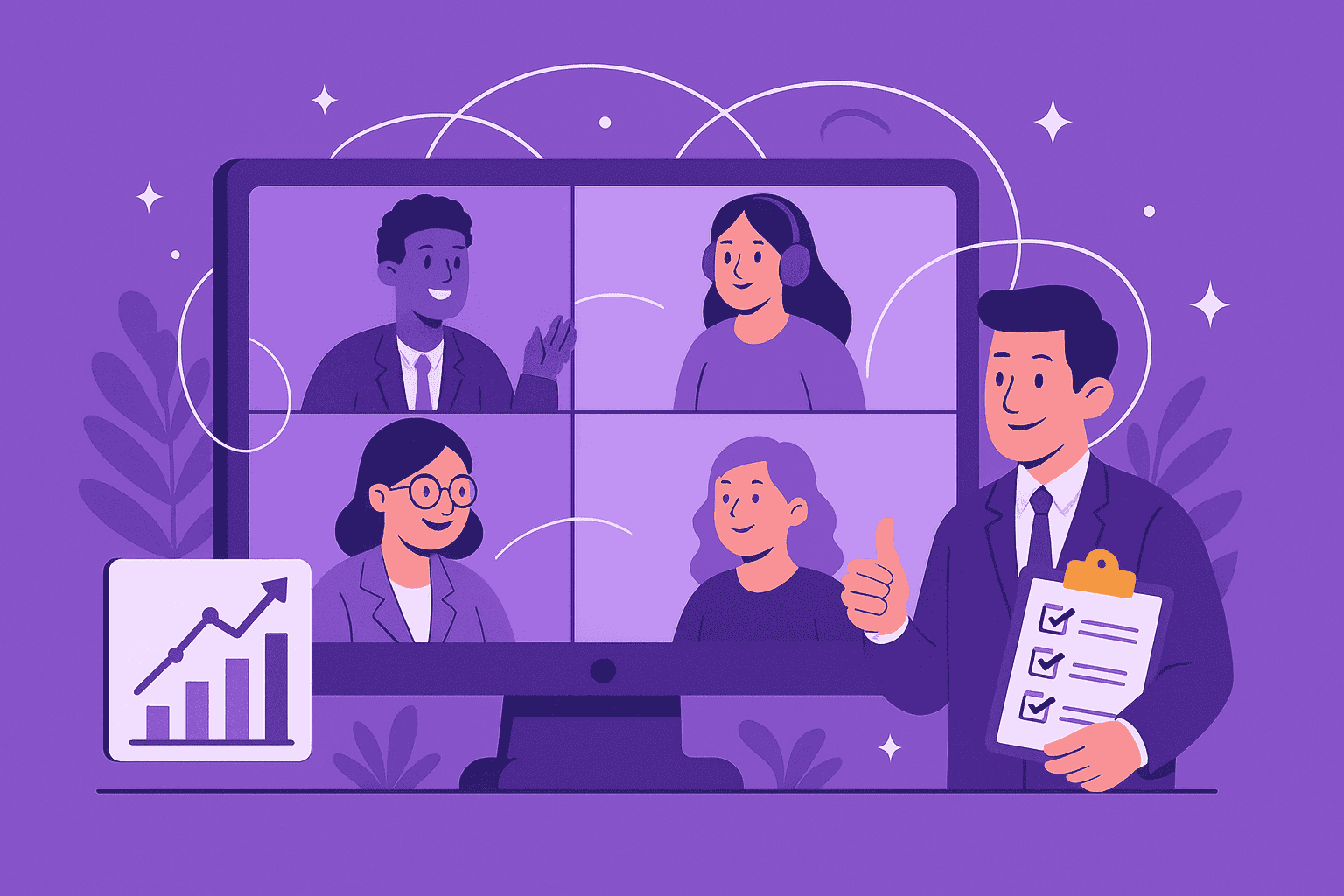 Flat-style digital illustration showing remote team members working from different environments connected by glowing lines forming an upward arrow, symbolizing collaboration, alignment, and growth in a global remote workforce.