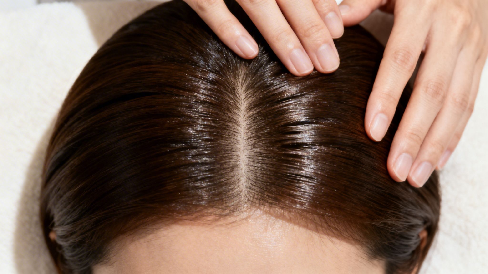 Close-up of a person's healthy scalp with dark, shiny hair receiving a nourishing treatment.
