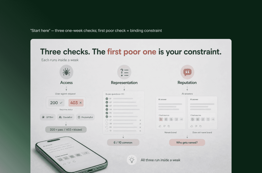 Drei KI-Such-Checks in einer Woche: Crawler-Zugang, Produktdarstellung und Reputation in KI-Antworten
