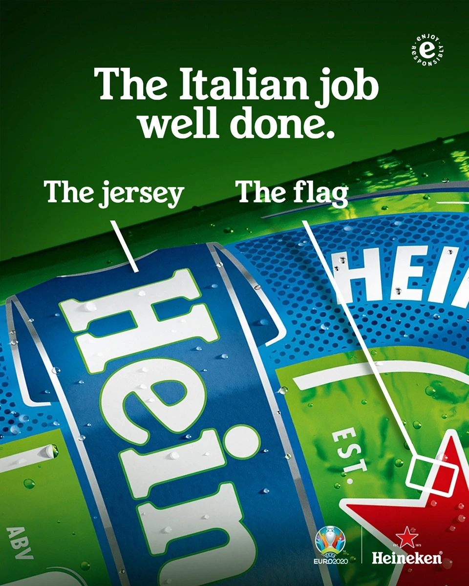 Heineken UEFA Euro 2020 social post celebrating Italy's tournament win with close-up of two Heineken cans, blue Italy jersey-inspired can alongside standard green can labelled 'The jersey' and 'The flag', with witty 'The Italian Job Well Done' headline