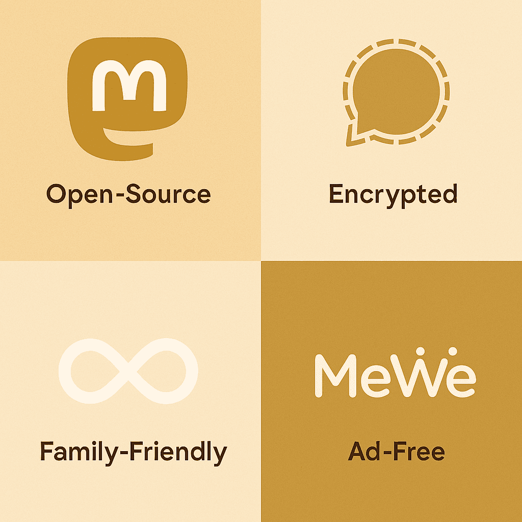 Infographic of four privacy-first social media platforms in 2025 including Confinity, Mastodon, Signal, and MeWe on warm-toned backgrounds with keywords like ad-free and encrypted
