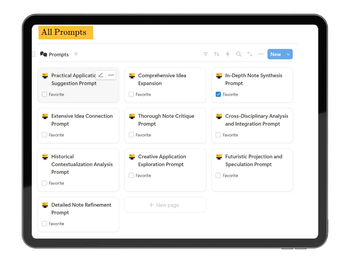 Screenshot of the All Prompts section in the Insight Incubator Notion template showing AI prompt options like Practical Application and In-Depth Note Synthesis