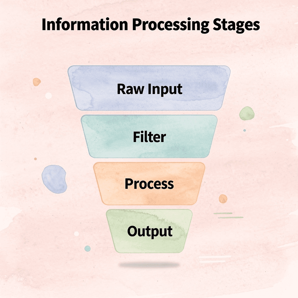 Funnel diagram showing information processing from raw input to structured output