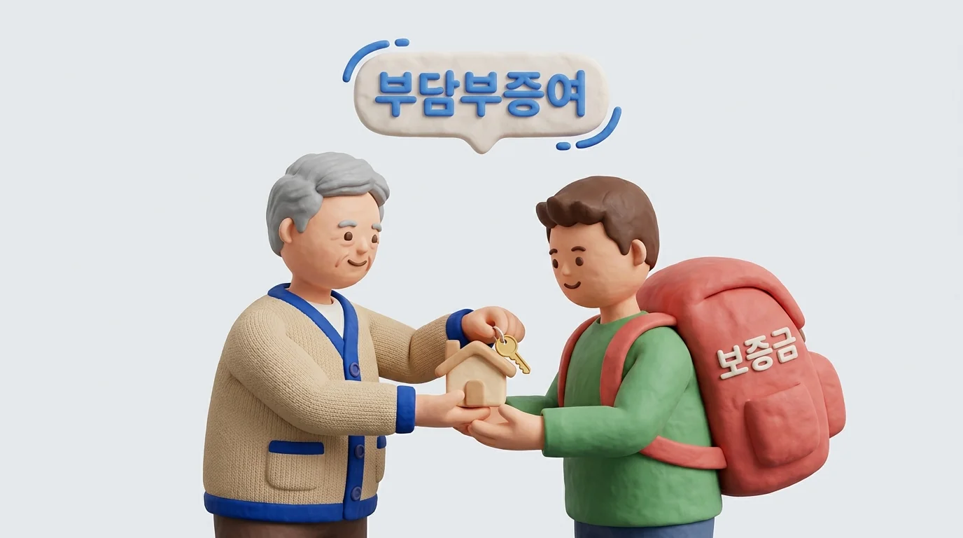 부담부증여: 아버지가 집 열쇠를 건네고 아들이 보증금 배낭을 함께 메는 장면