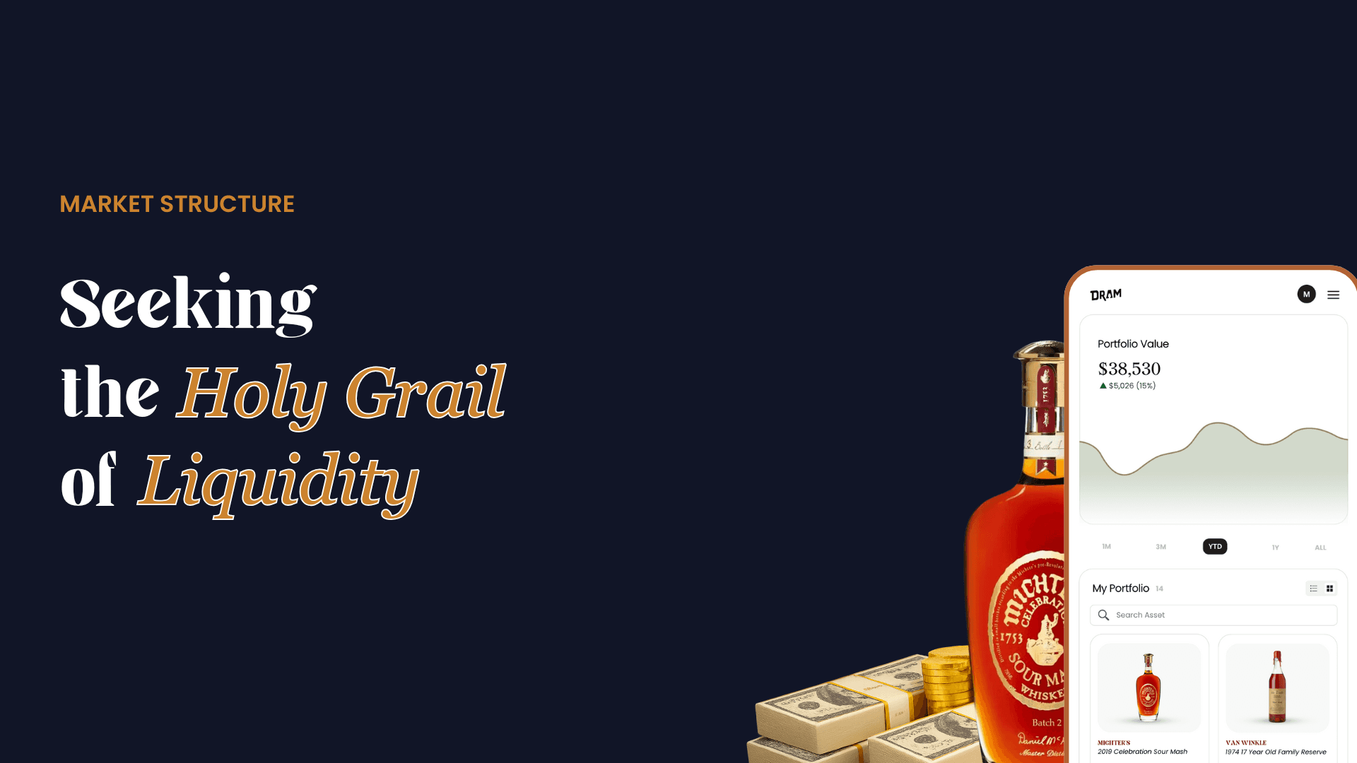 Visual illustrating liquidity in private markets, featuring the text “Seeking the Holy Grail of Liquidity,” a Dram portfolio dashboard, a whiskey bottle, cash stacks, and gold coins.