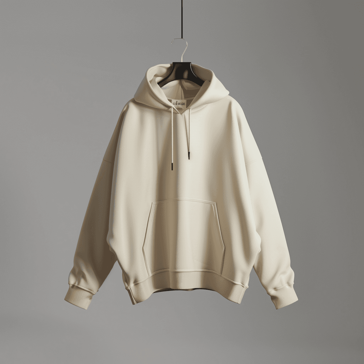A beige hoodie hanging on a black hanger against a plain gray background