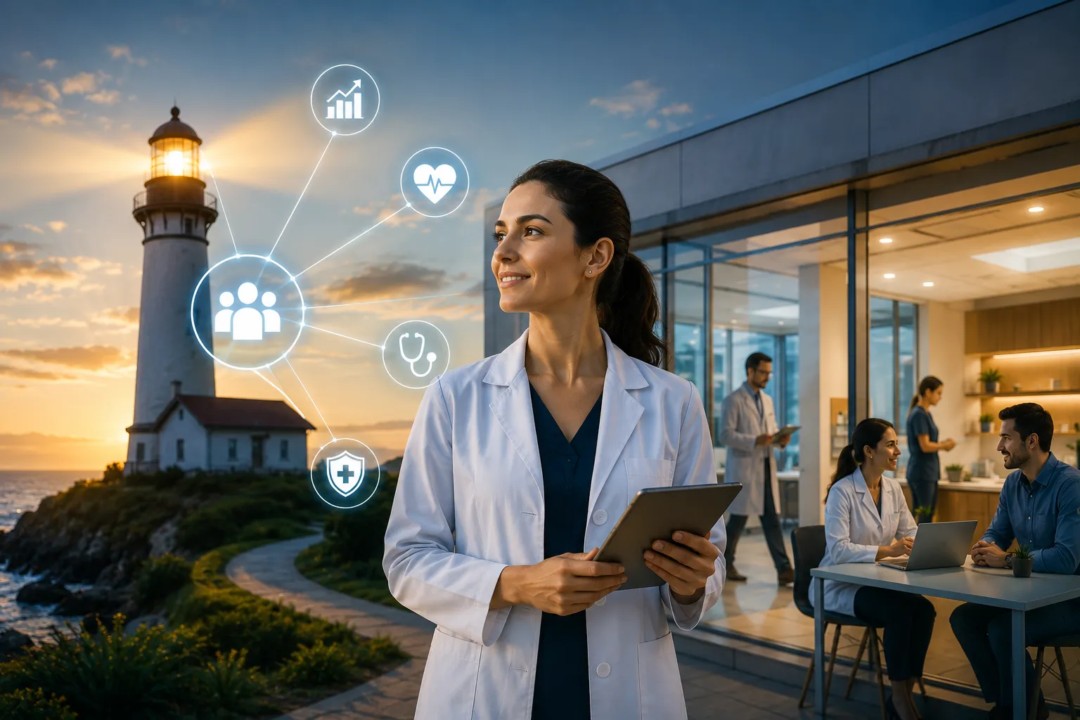 Profissional de saúde com tablet em ambiente corporativo moderno ao lado de farol, simbolizando o conceito de Farol da Saúde e a gestão estratégica do ambulatório corporativo