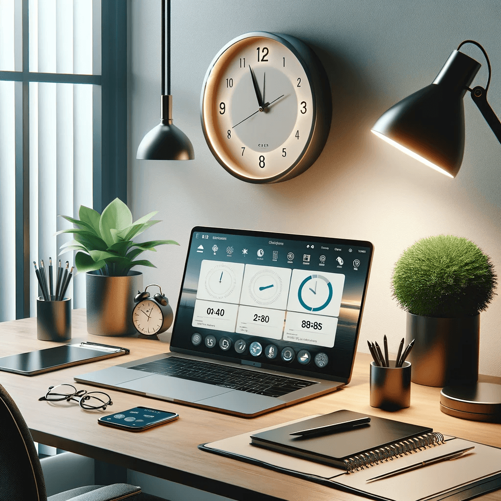 Imagen de un espacio de trabajo de oficina moderno y ordenado. En el escritorio se encuentra un portátil elegante con una aplicación de productividad en la pantalla, un bloc de notas y un bolígrafo, un reloj de mesa estilizado y una planta en maceta que añade un toque de verdor. La atmósfera transmite organización y eficiencia, simbolizando una gestión efectiva del tiempo y productividad en un entorno profesional. La iluminación es brillante y acogedora.