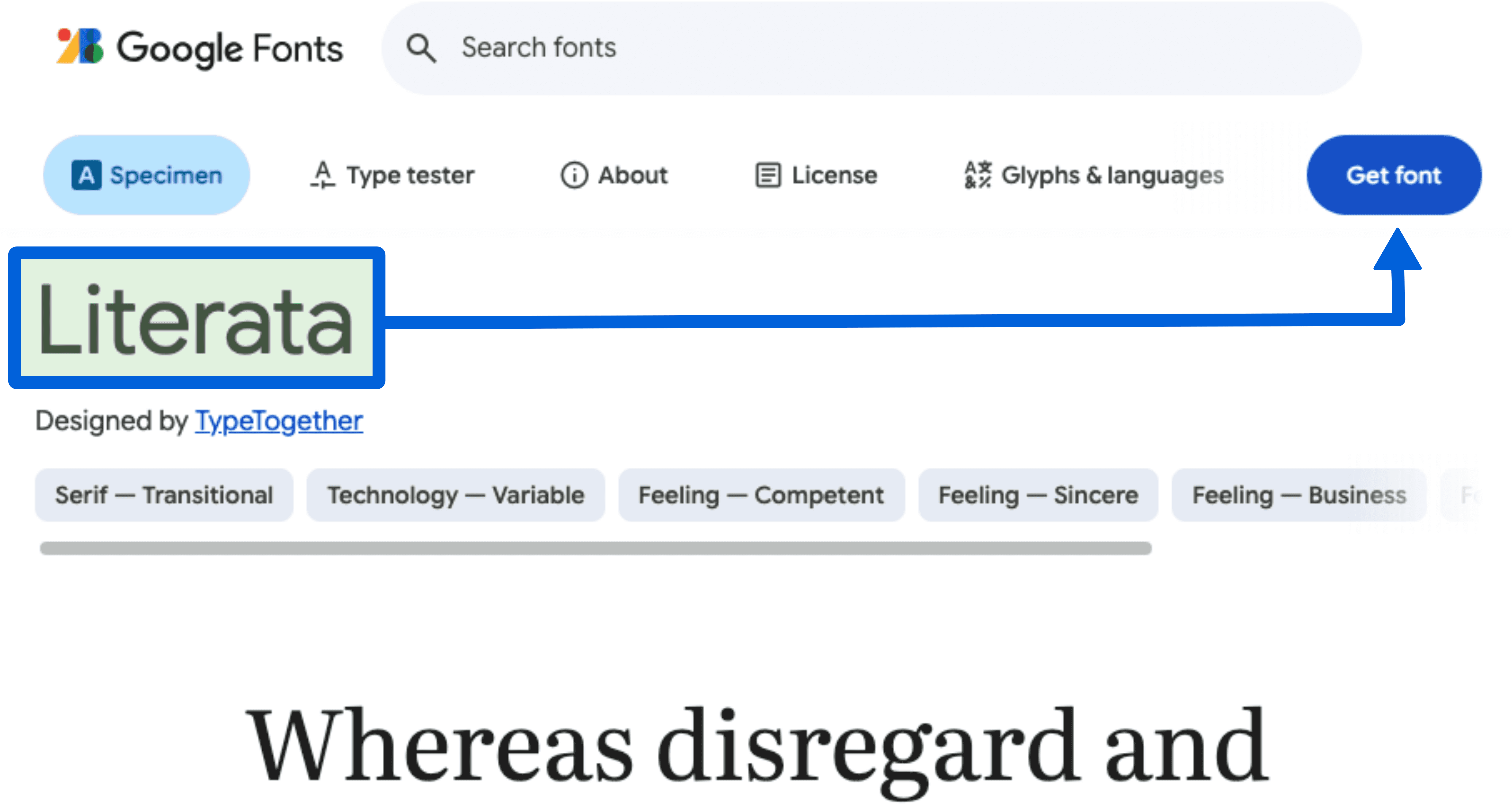 A screenshot of the Google Fonts interface displaying the font family "Literata". A blue arrow points from the font name, which is highlighted in a green box on the left, to the "Get font" button in the upper right corner.
