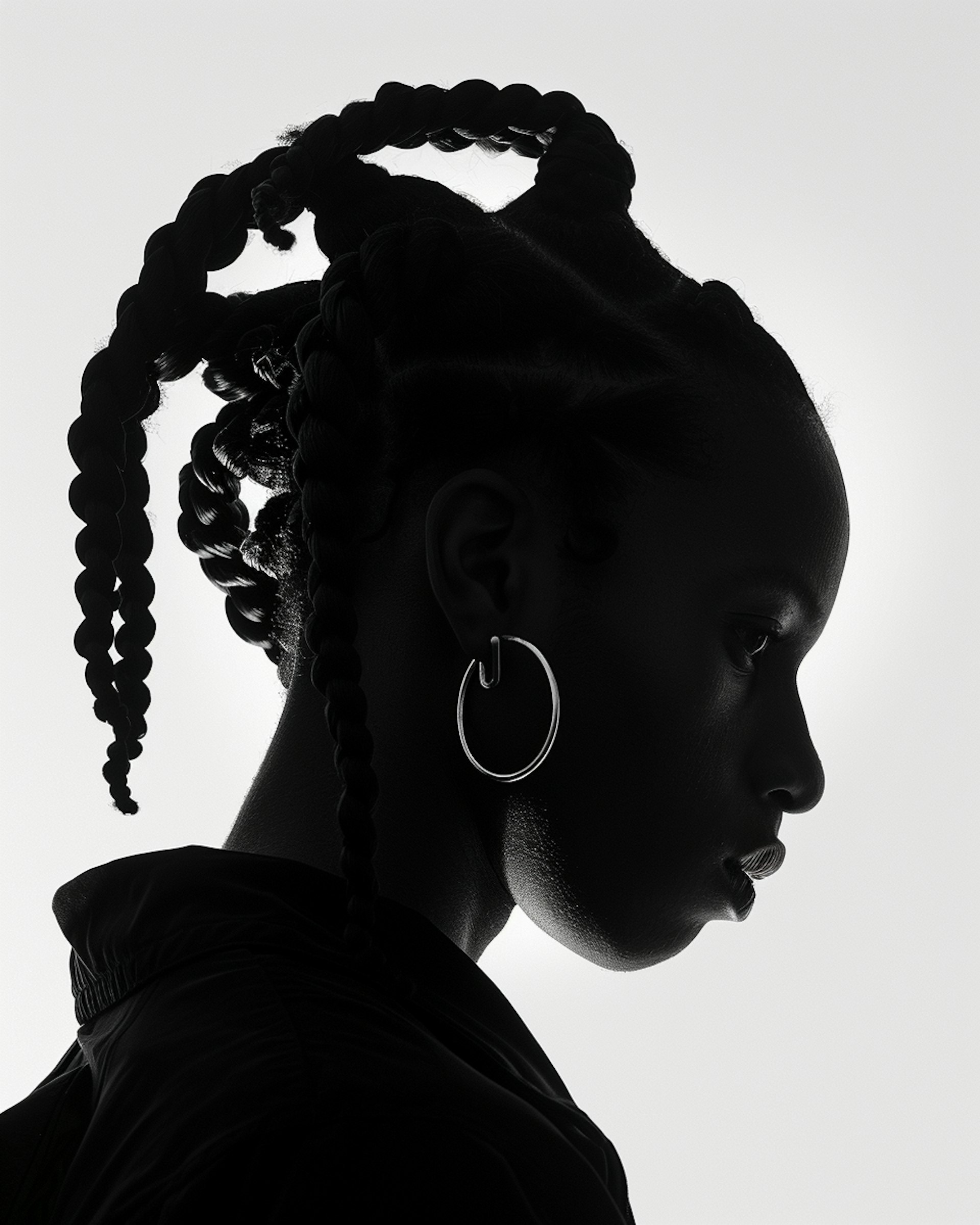 Close-up of a woman’s face with braided hair and earrings in high contrast lighting, representing style and bold presence in Orbitx Supply’s Framer Template.