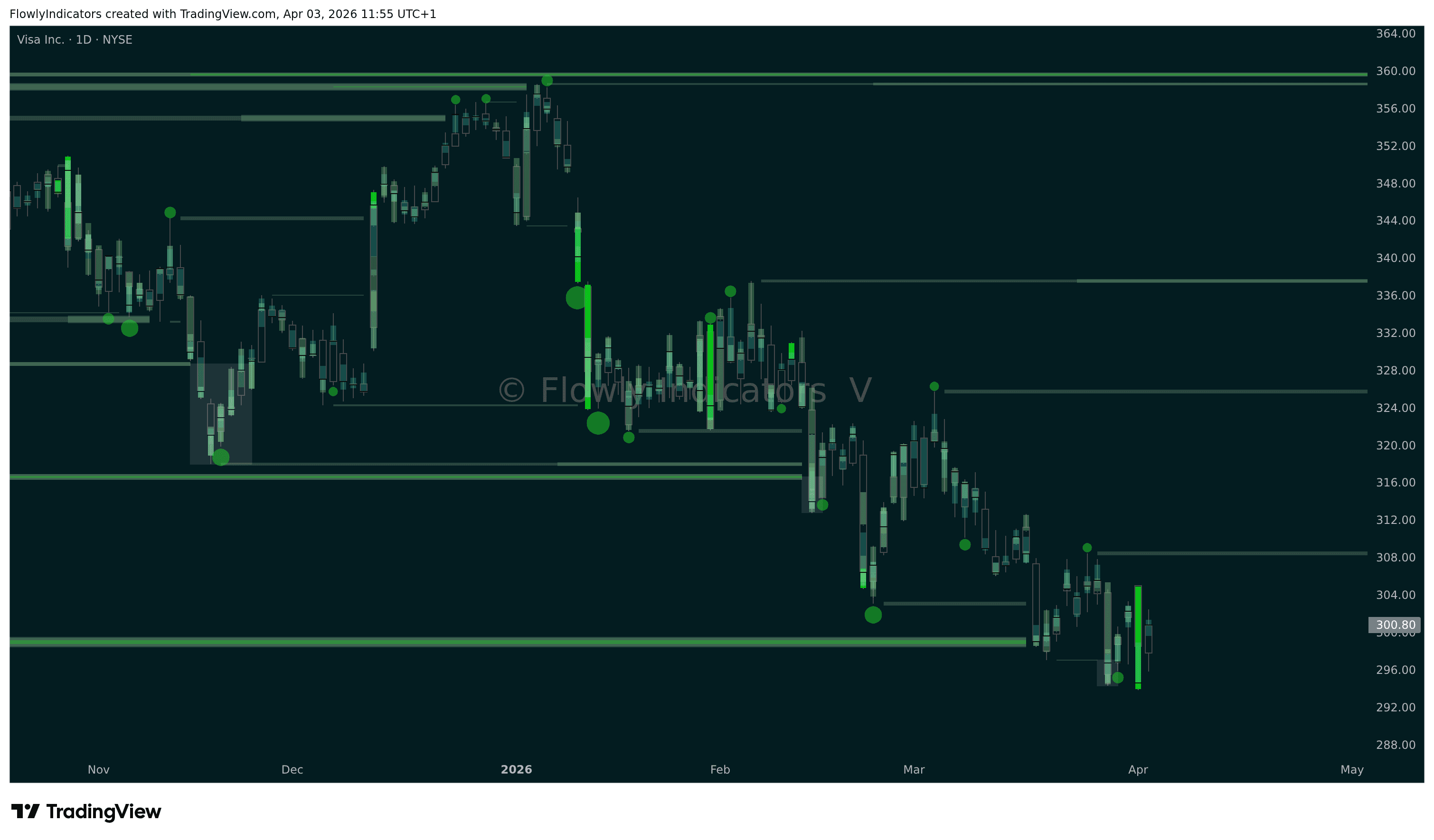 Trading chart of Visa (V) showing recent liquidity levels, liquidations and unusual volume patterns.