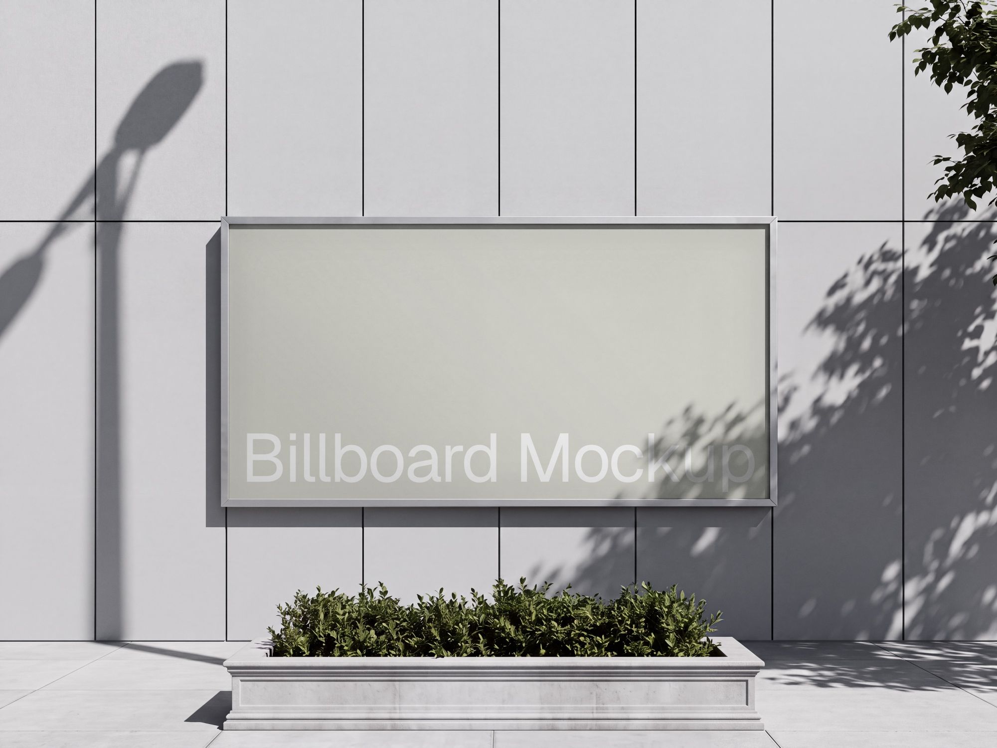 Wall mounted billboard frame mockup in landscape format shown on a minimalist grey panel facade