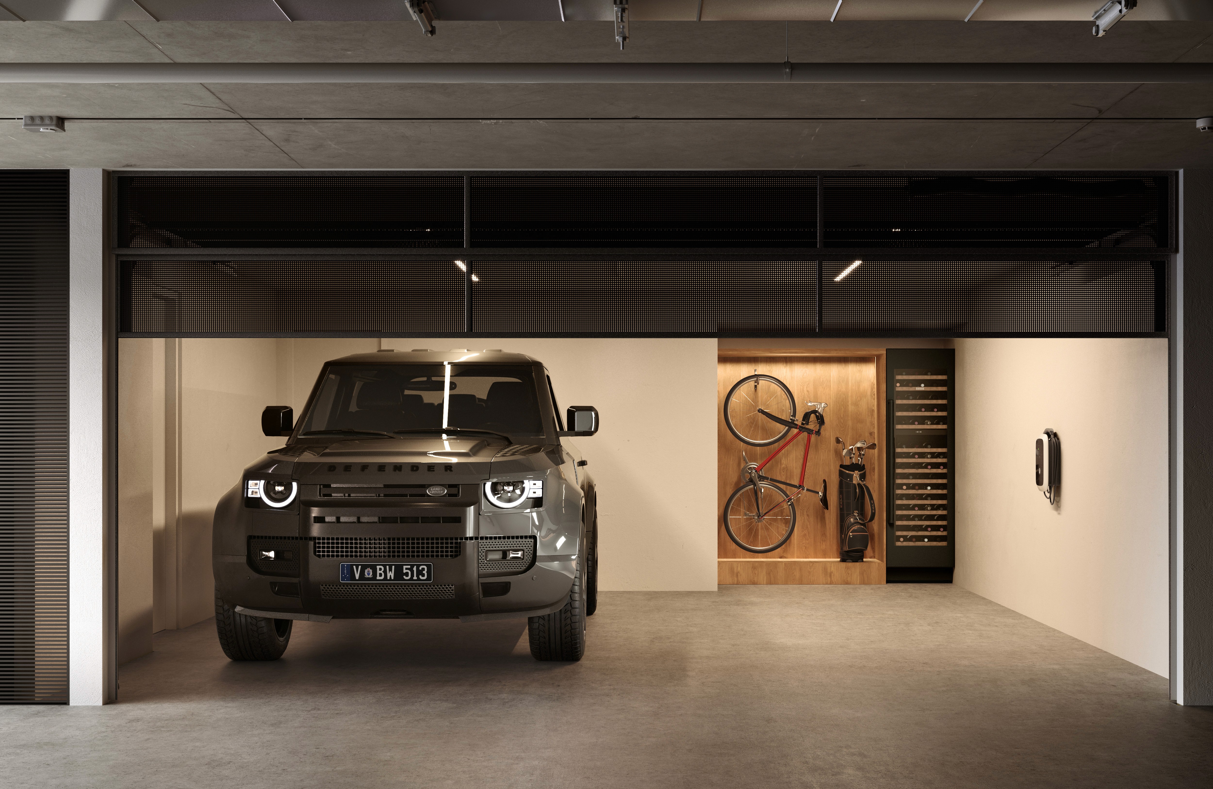 Modern garage interior with luxury SUV, bicycle, wine rack, and golf equipment.