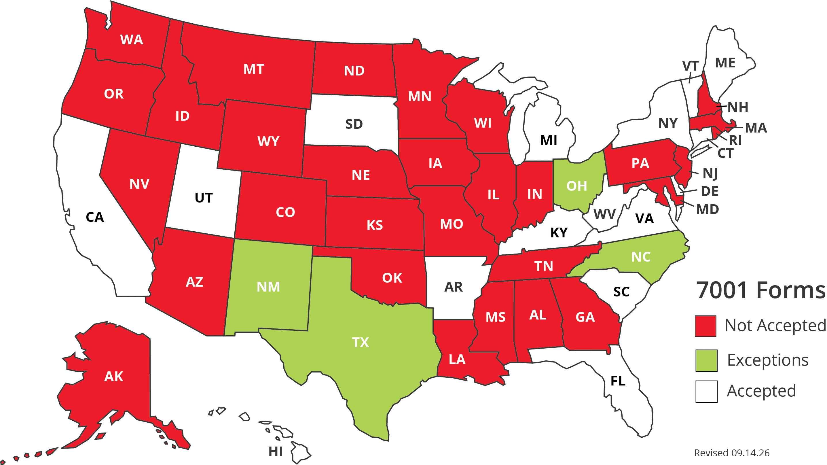 US map of states not accepting 7001 form updated 9.14.26