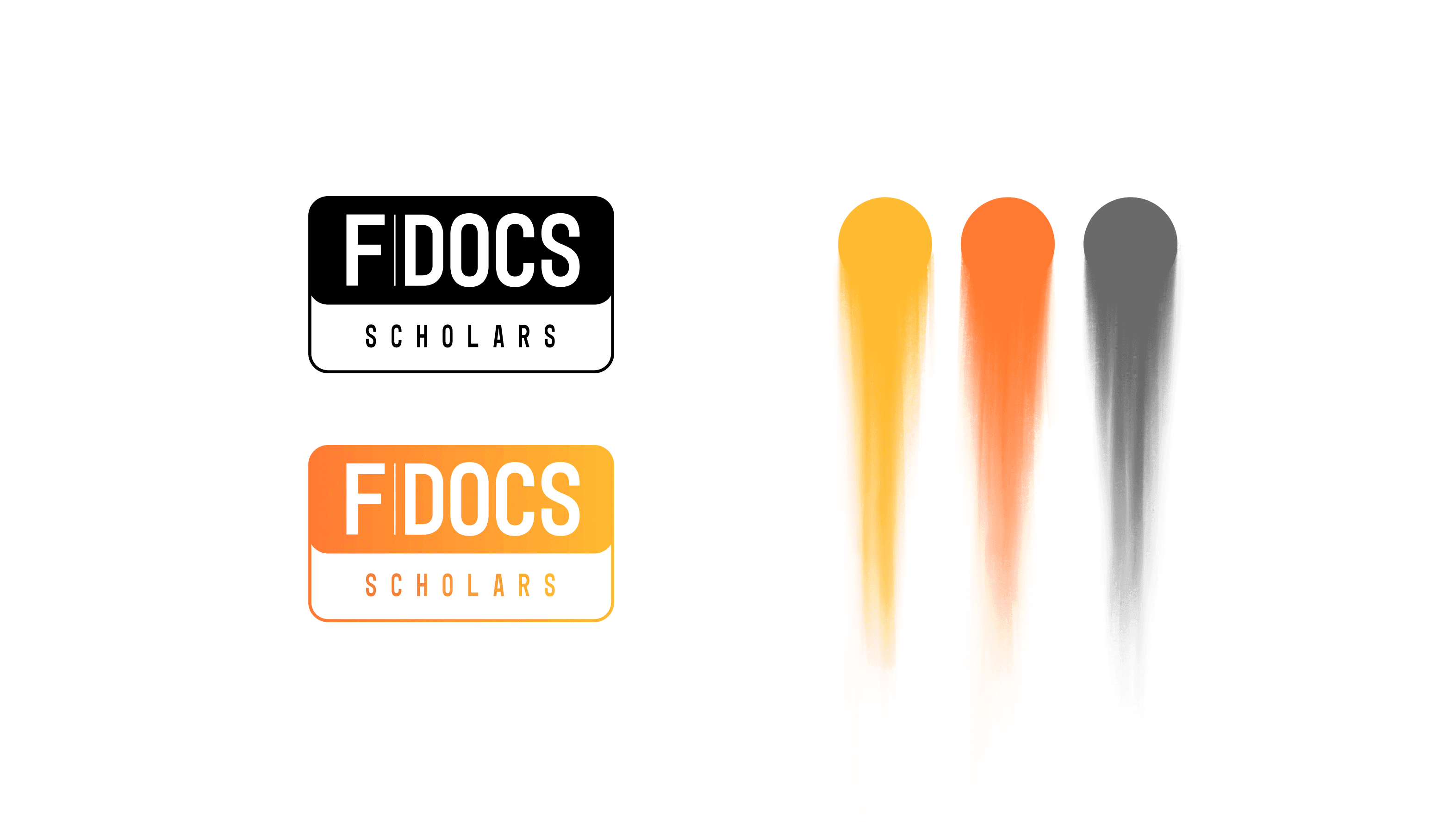 FDocs Scholars logo, monochrome mark and orange colour system