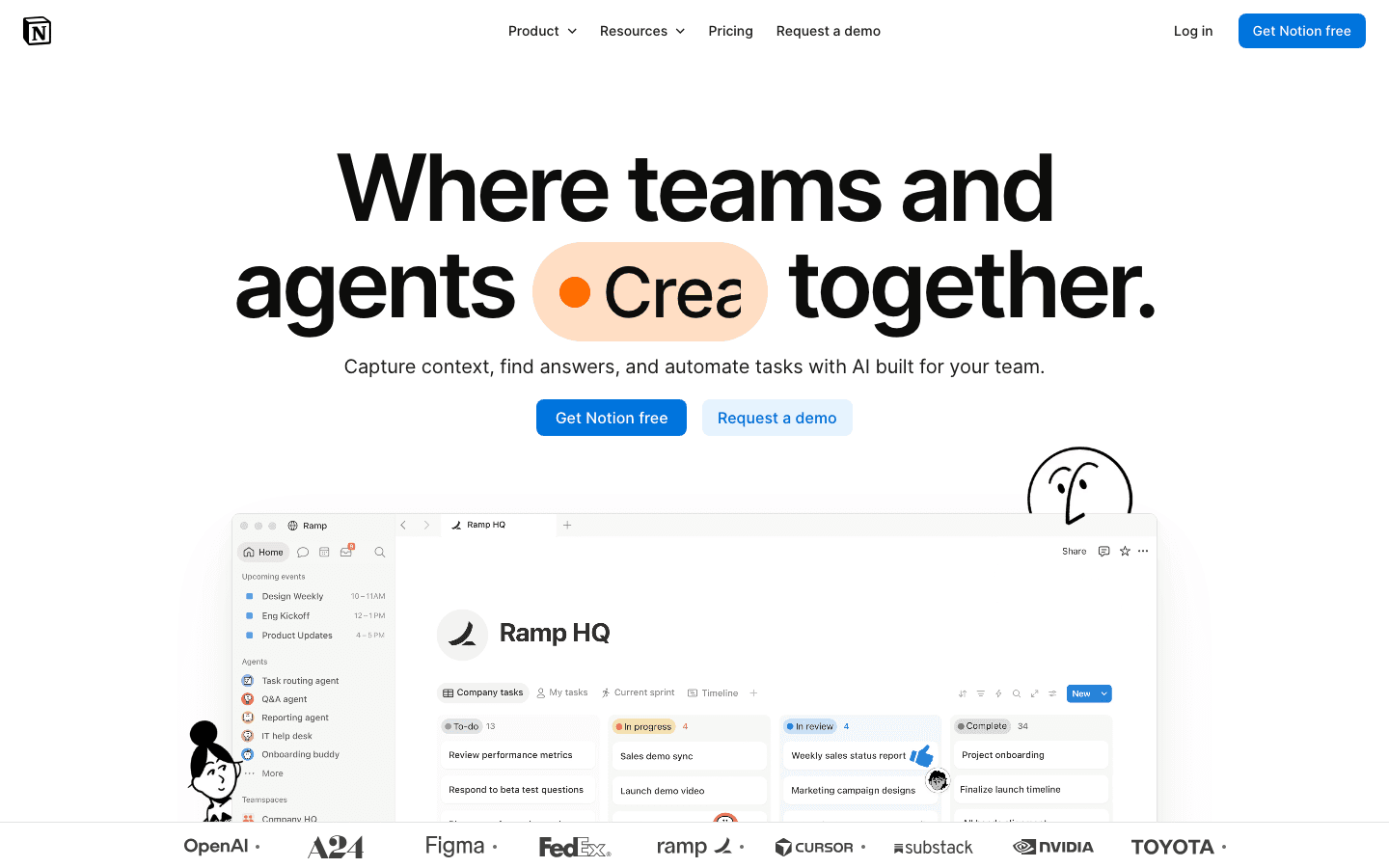 Notion website showing the collaborative workspace for teams and AI agents