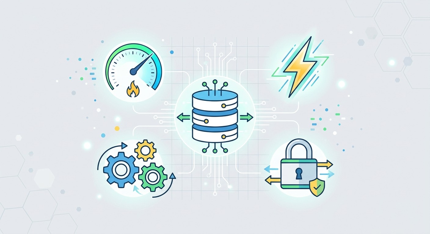 Illustration of database performance optimization with a speedometer, lightning bolt, and gear icons.