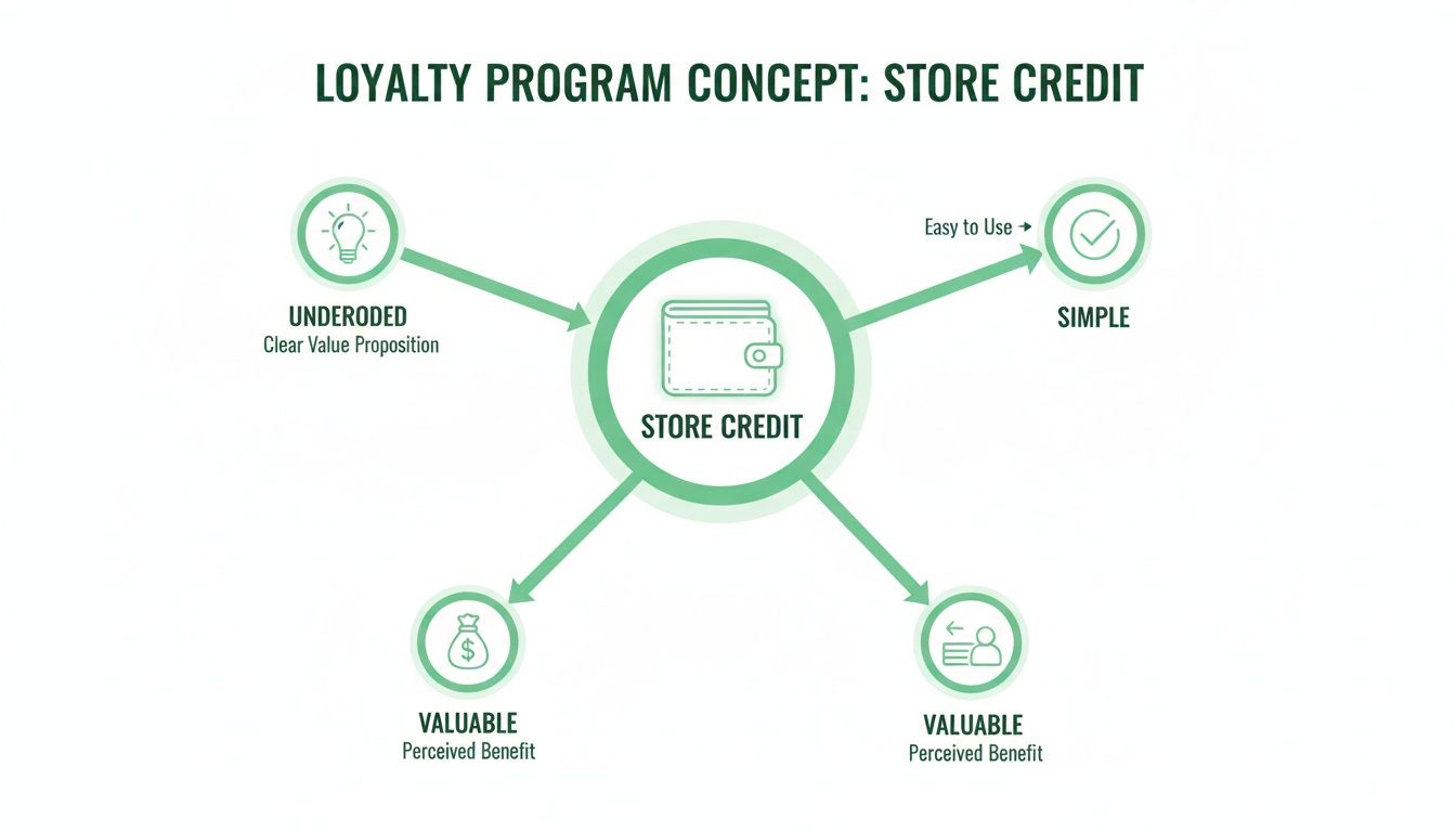 Diagram illustrating store credit as a loyalty program concept, highlighting its simple, valuable, and clear benefits.