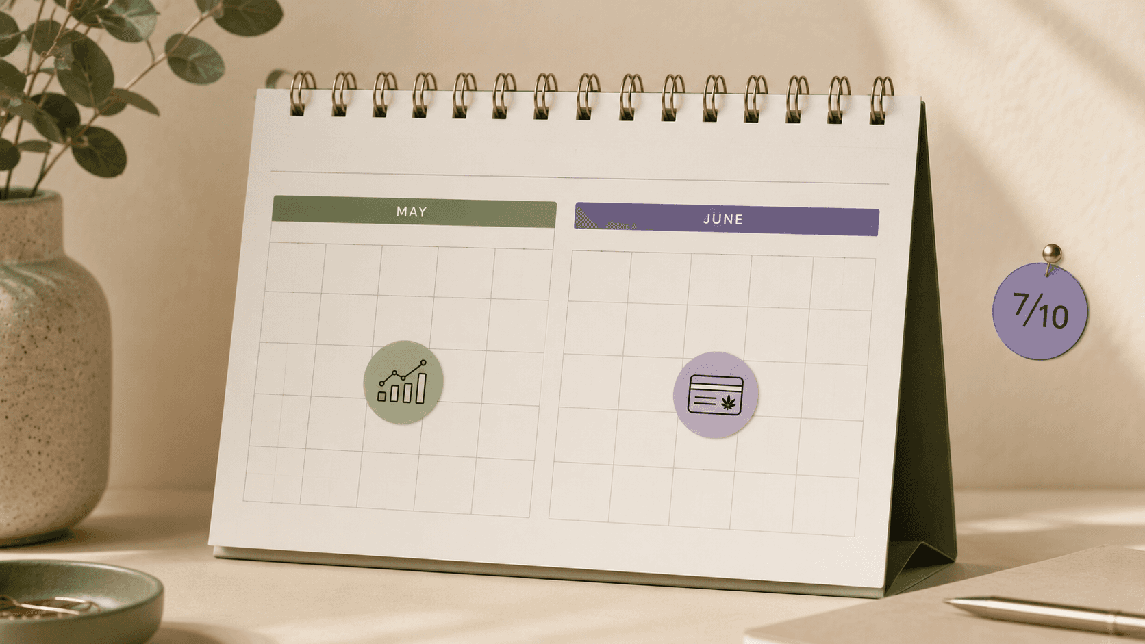 An illustrated calendar showing May and June marked with key strategic activities — data audits, loyalty planning, and 7/10 preparation — representing the Q2 cannabis dispensary playbook.