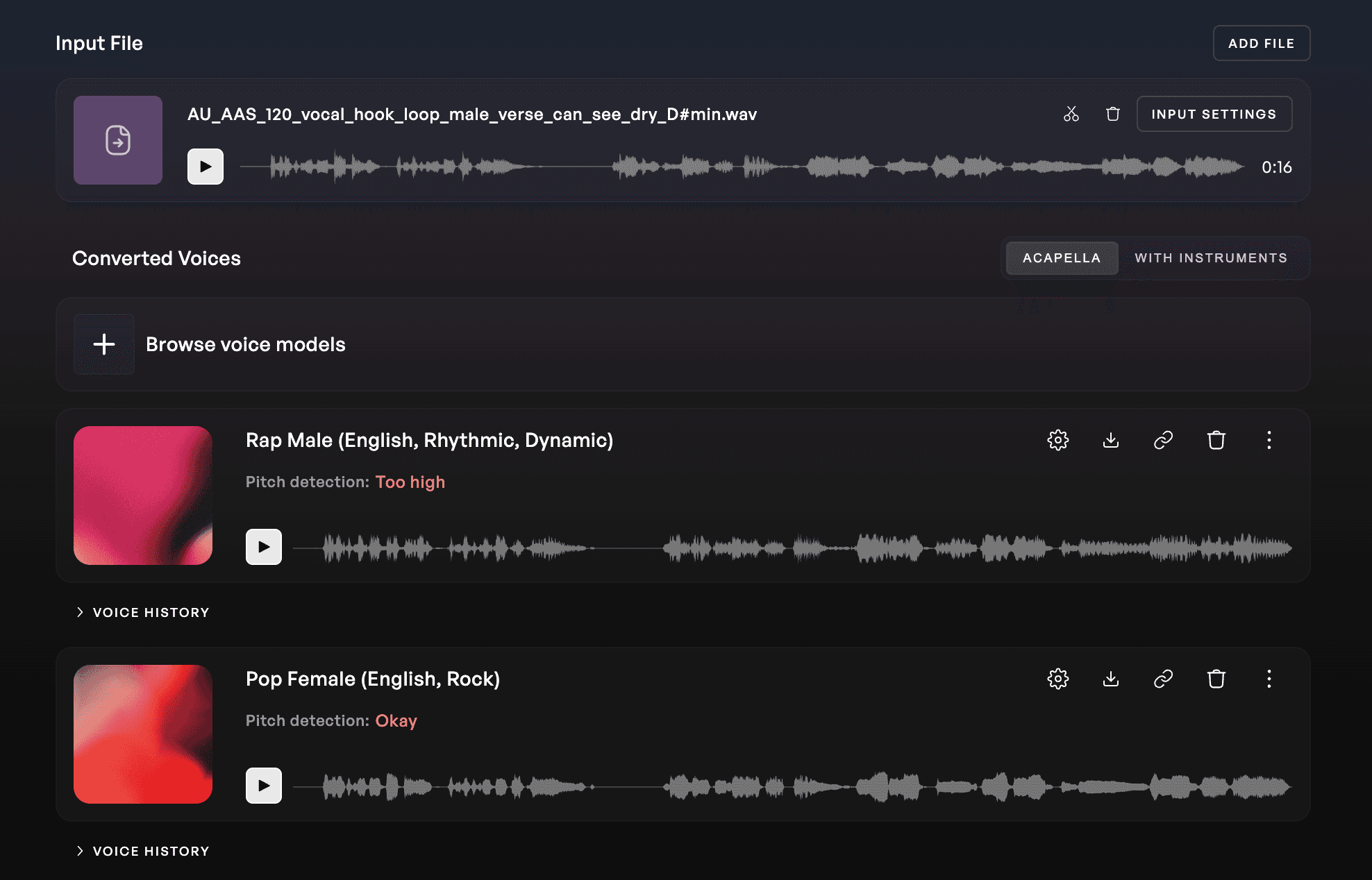 Kits AI Convert page with two voice model selected
